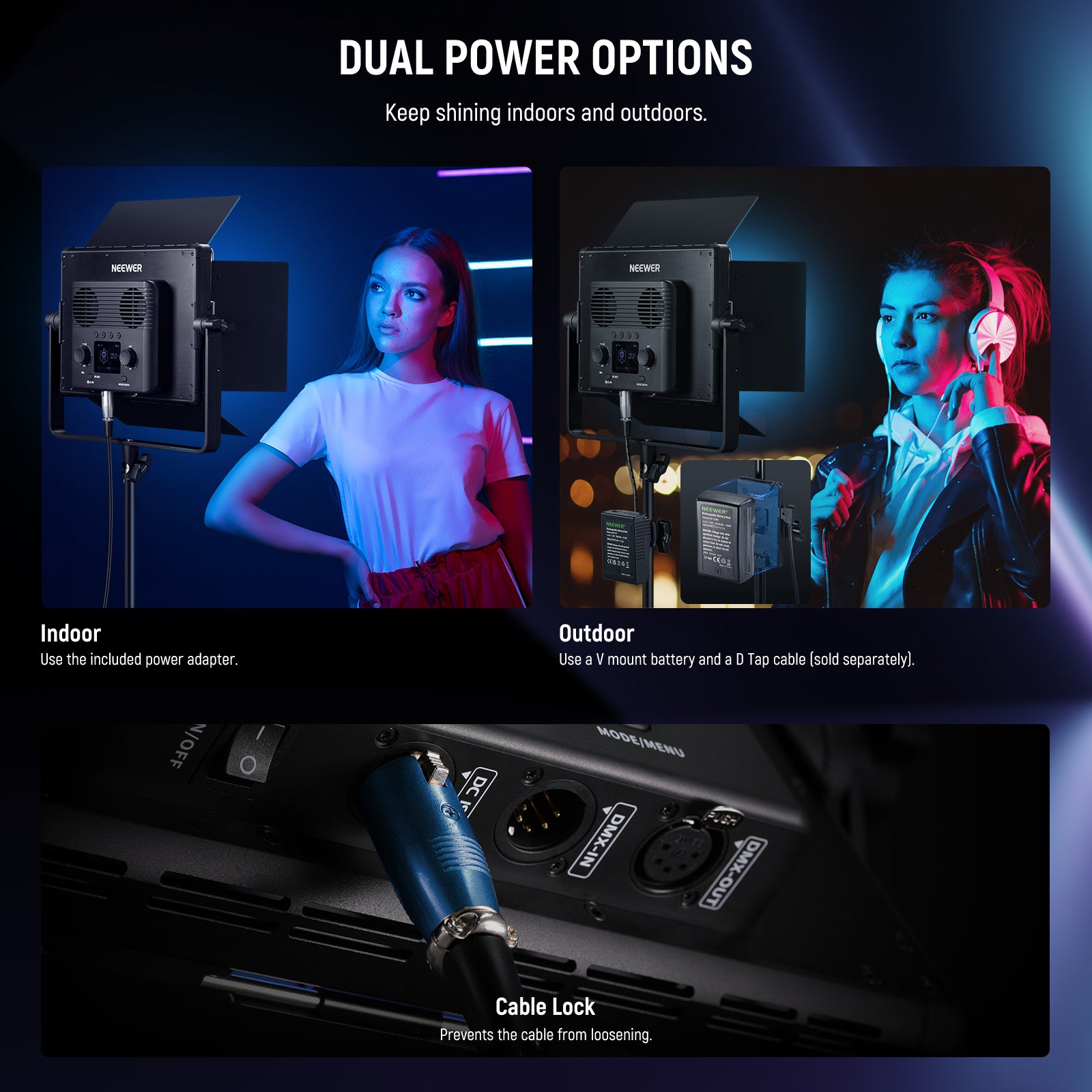 NEEWER PL60C RGB Panel Light offers dual power options.