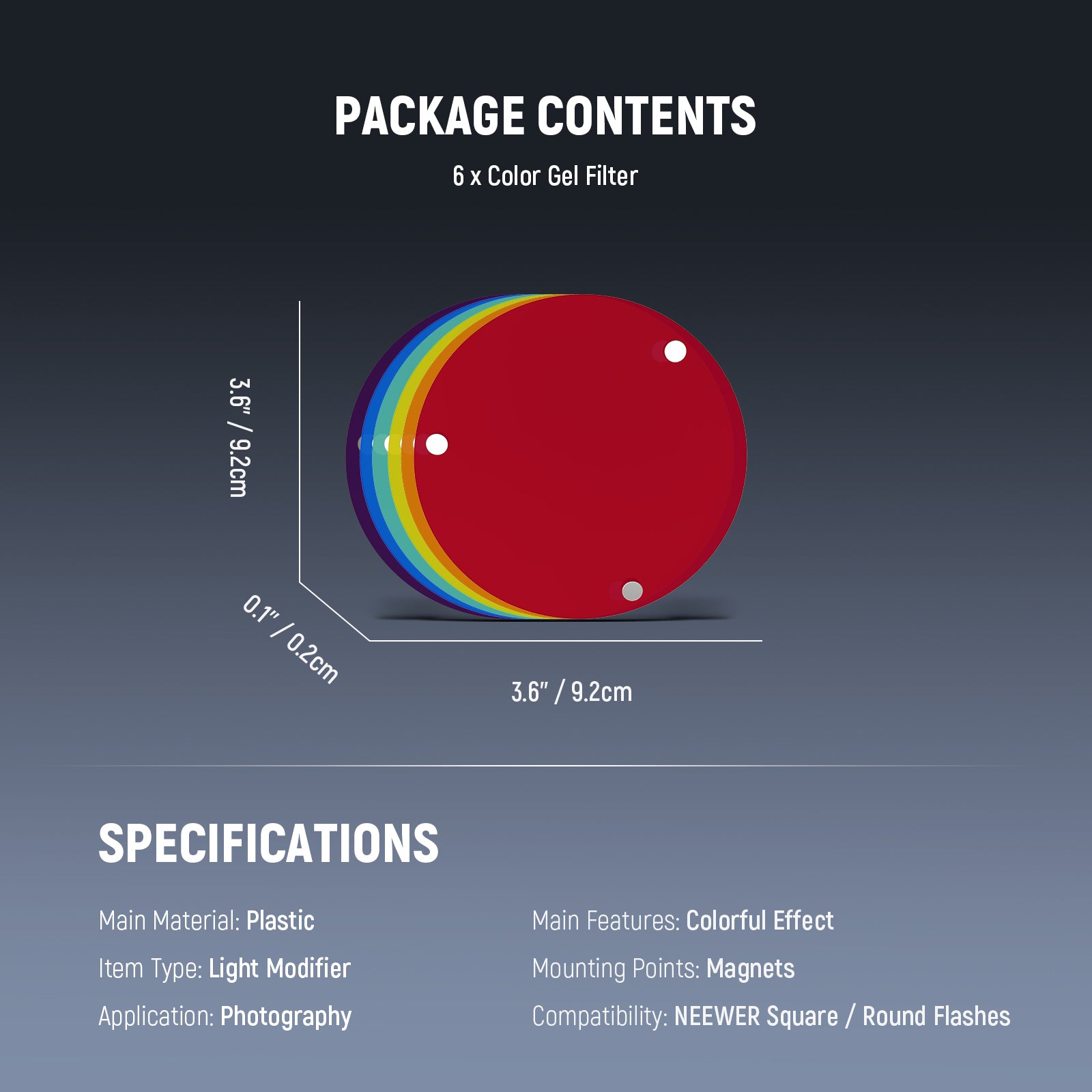 Package Contents of the NEEWER CRS17 Magnetic Creative Six Color Gel Filter Set