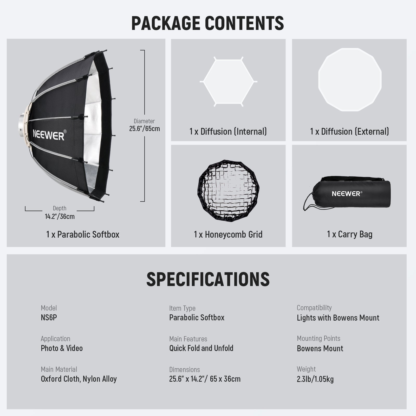 Package Contents of the NEEWER NS6P Parabolic Softbox Dodecagon