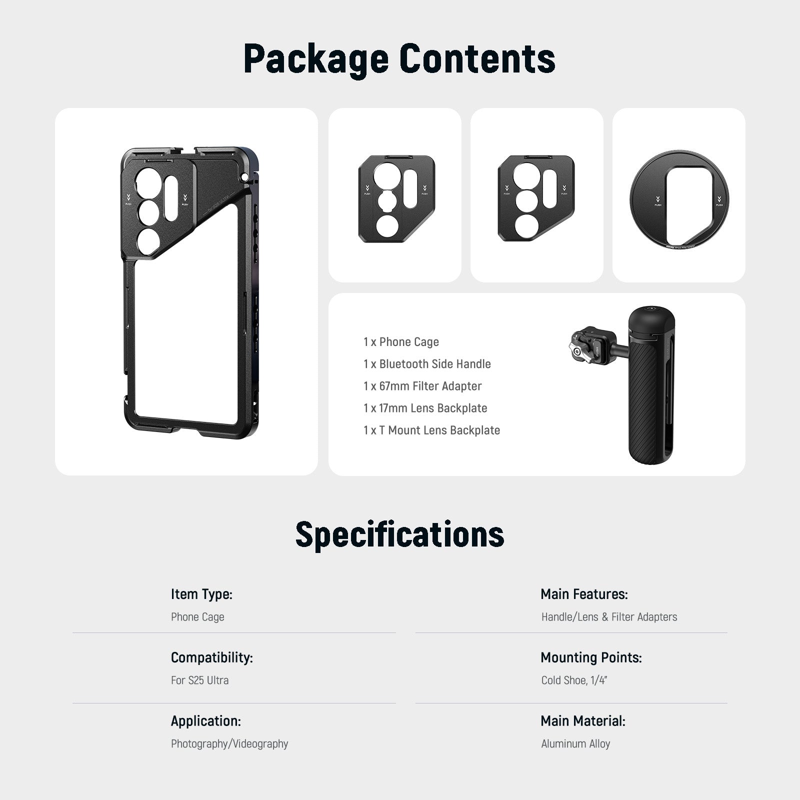 Package Contents of the NEEWER PA082 Phone Cage kit For SAMSUNG S25 Ultra