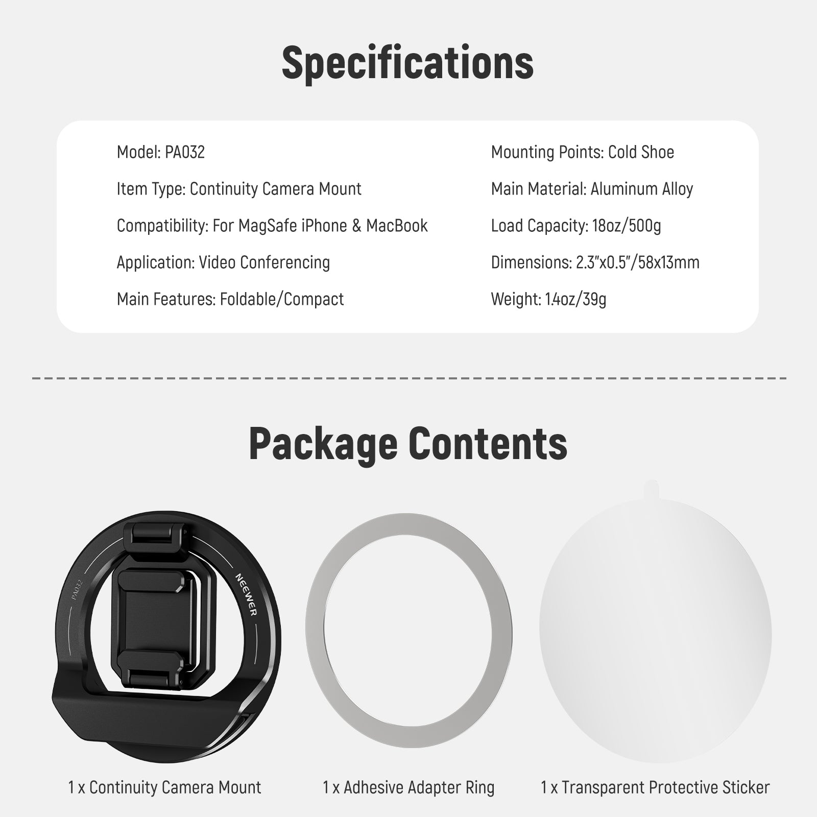Specifications of the NEEWER PA032 Foldable Continuity Camera Mount