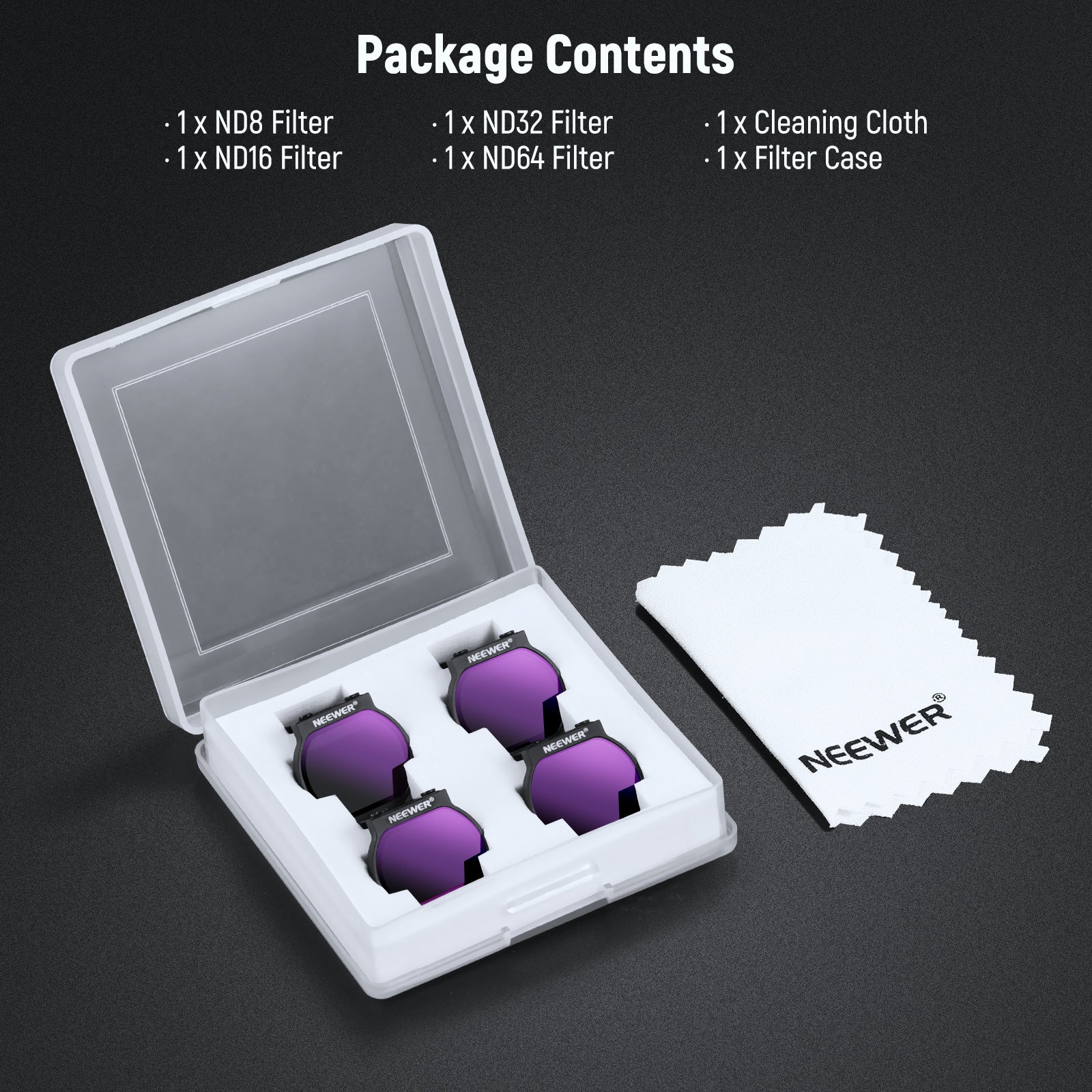 Package Contents of the NEEWER 4 Pack ND Filter Set for DJI NEO Drone