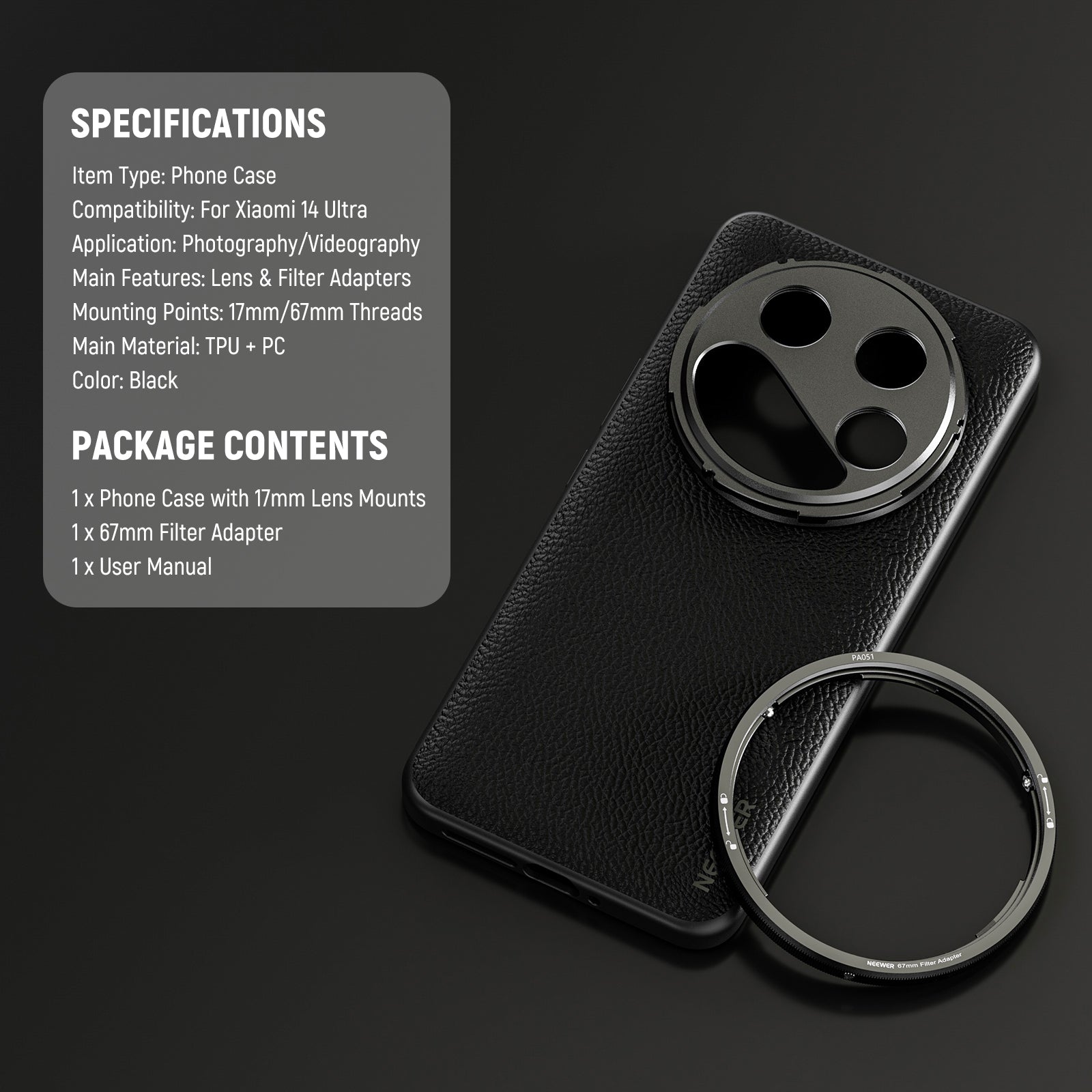 Specifications of the NEEWER PA051 Black Case for Xiaomi 14 Ultra with Adapters