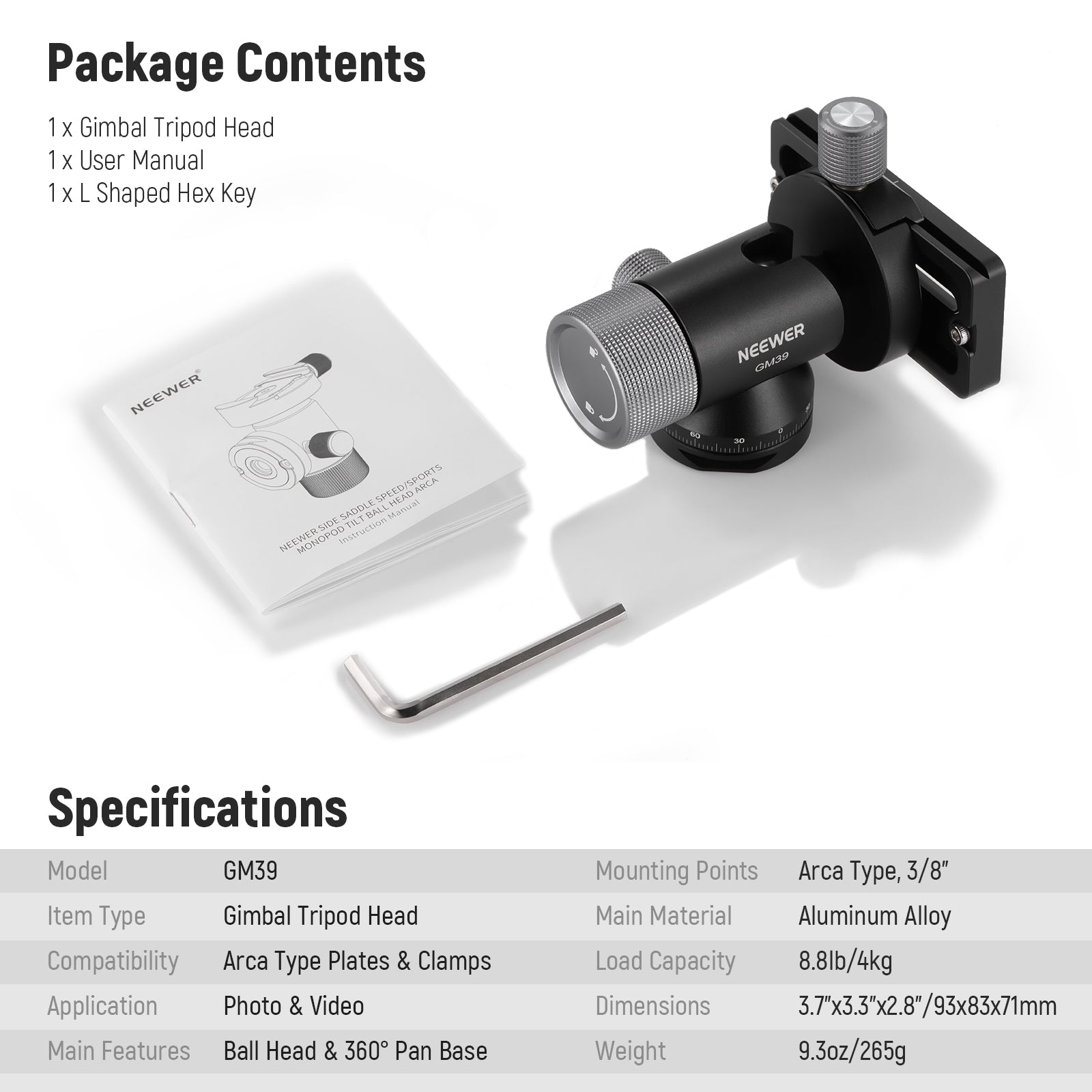 Package Contents of the NEEWER GM39 Gimbal Tripod Head