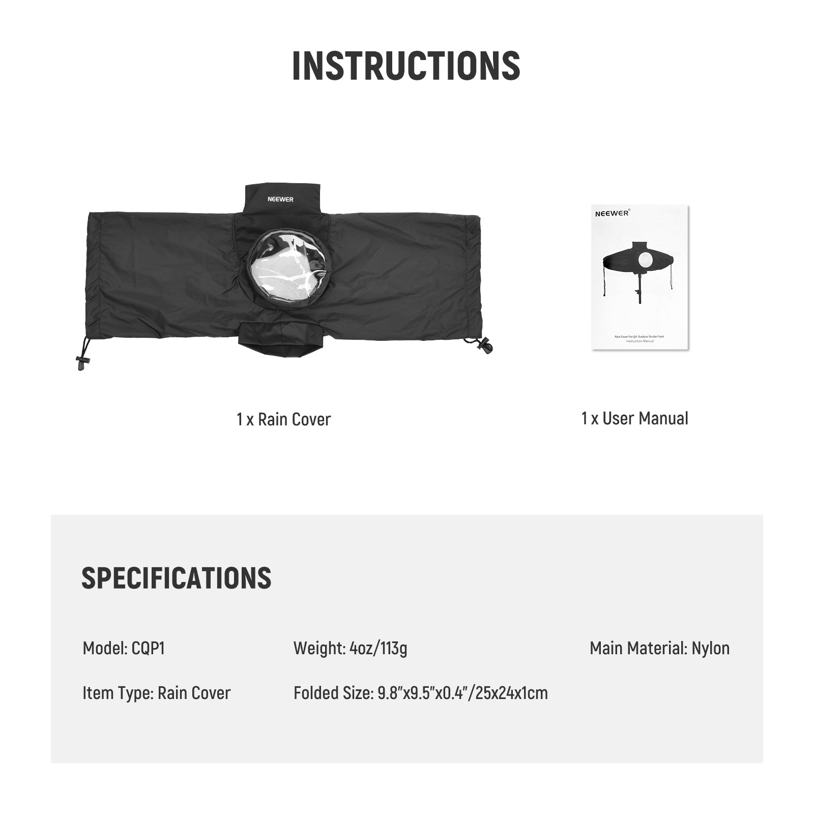 Specifications of the NEEWER CQP1 Rain Cover