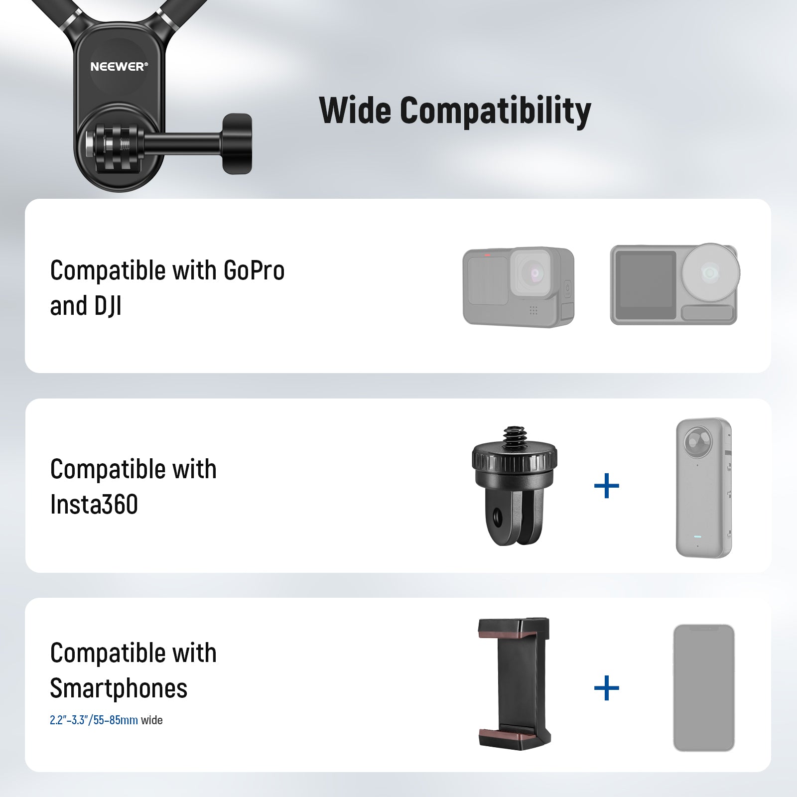 Wide Compatibility of the NEEWER GP15 Neck Mount Holder for Action Camera and Phone