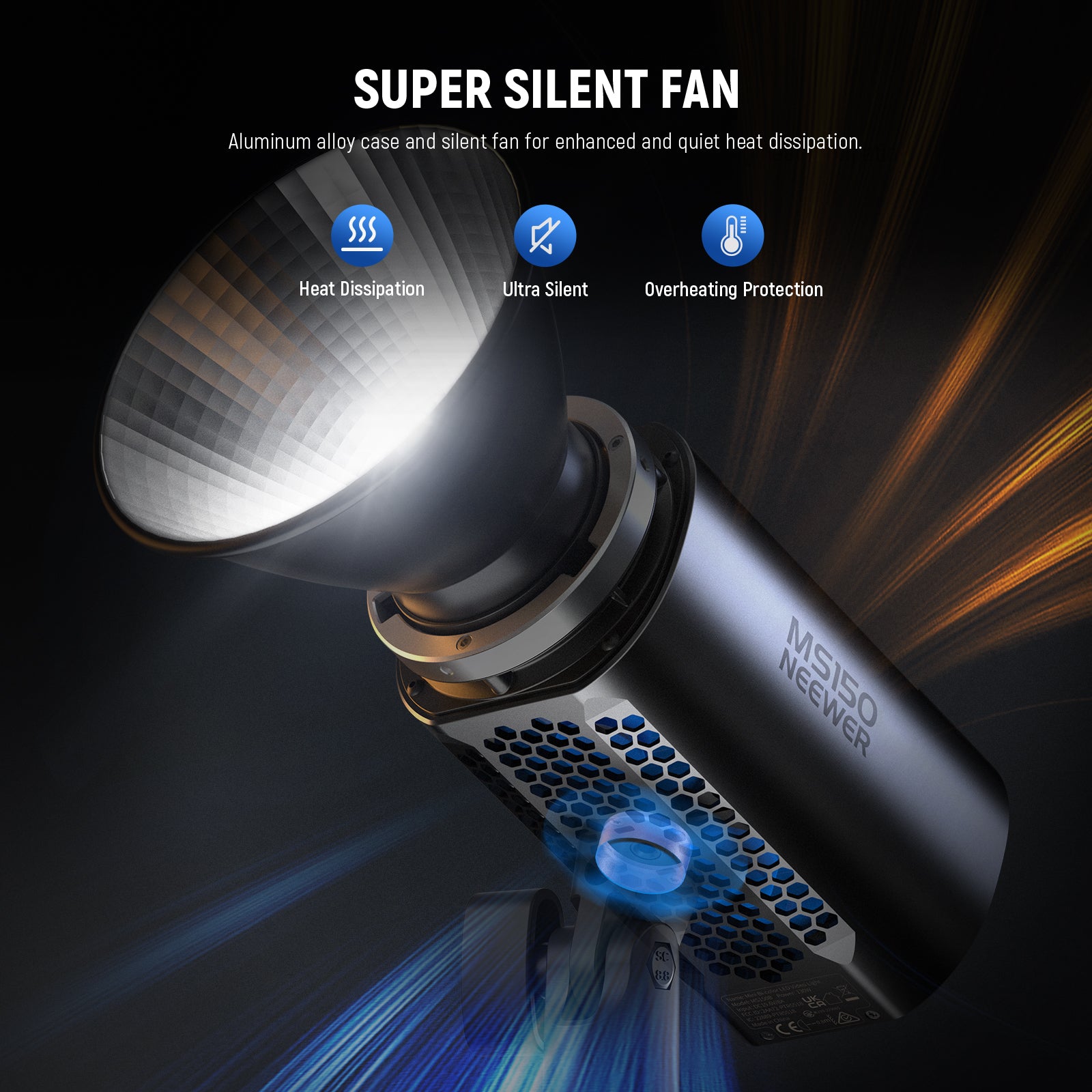 NEEWER MS150 Portable LED Light features a super silent fan.