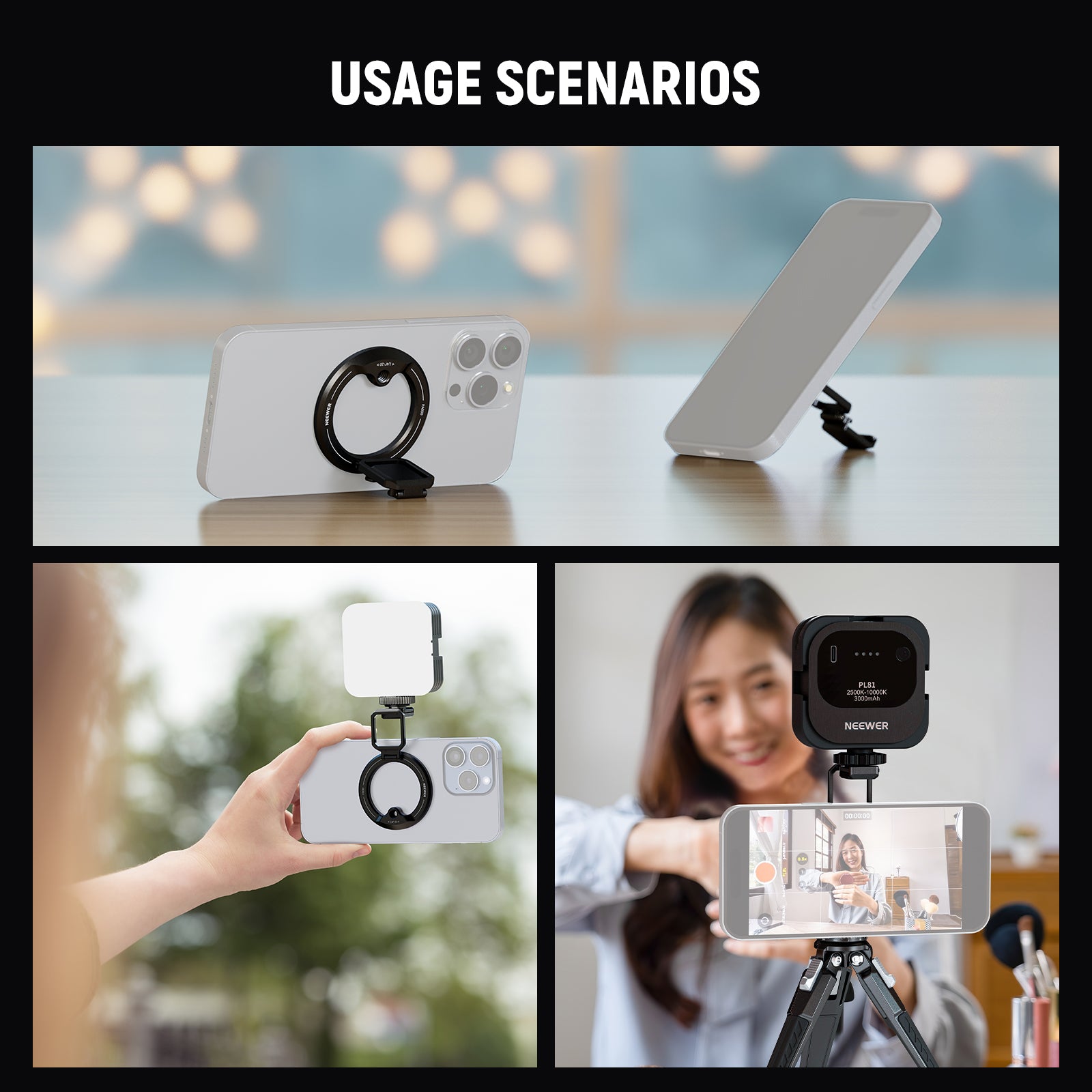 Scenarios for NEEWER PA030 Magnetic iPhone Tripod Mount