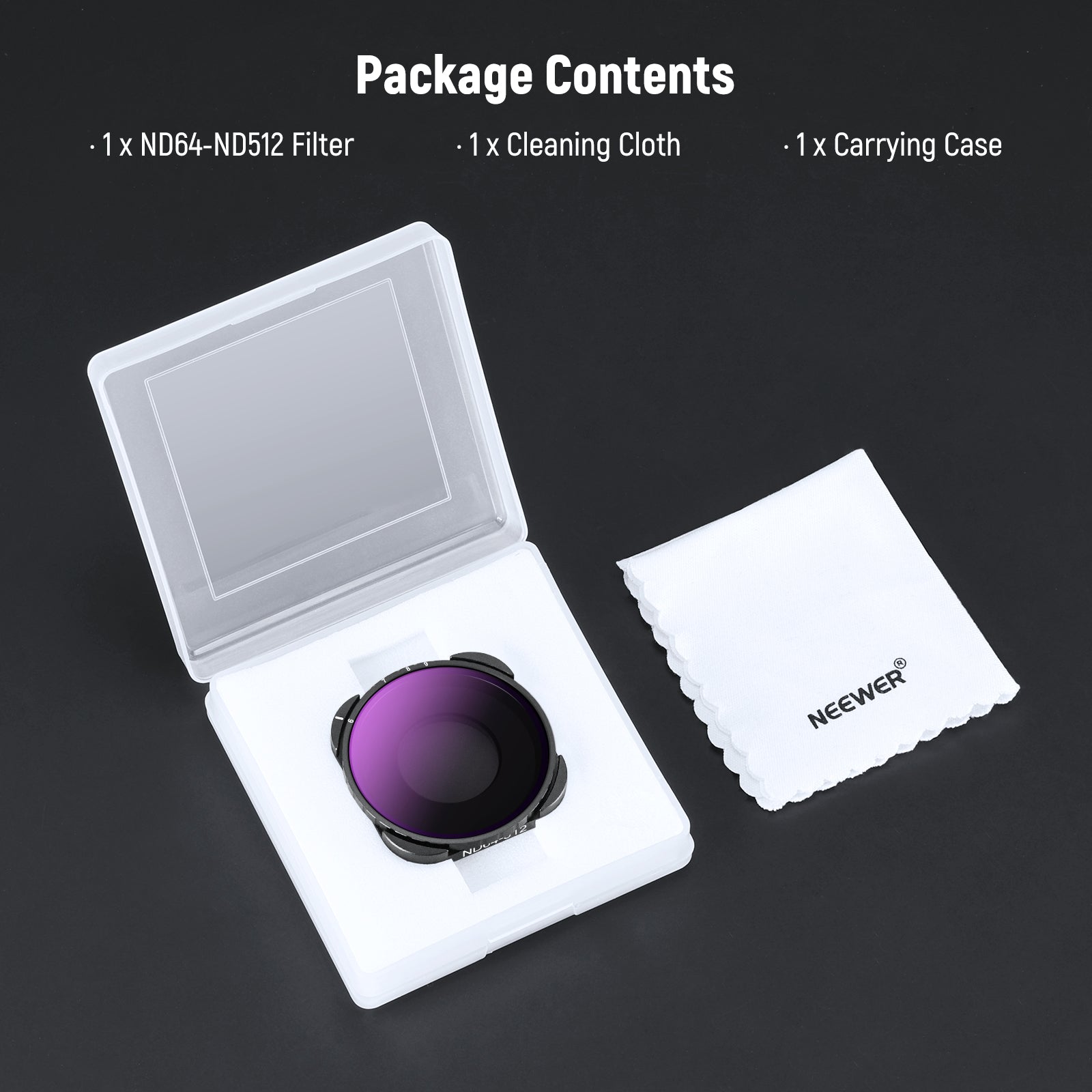 Package Contents of the NEEWER Variable ND64-ND512 Filter Set