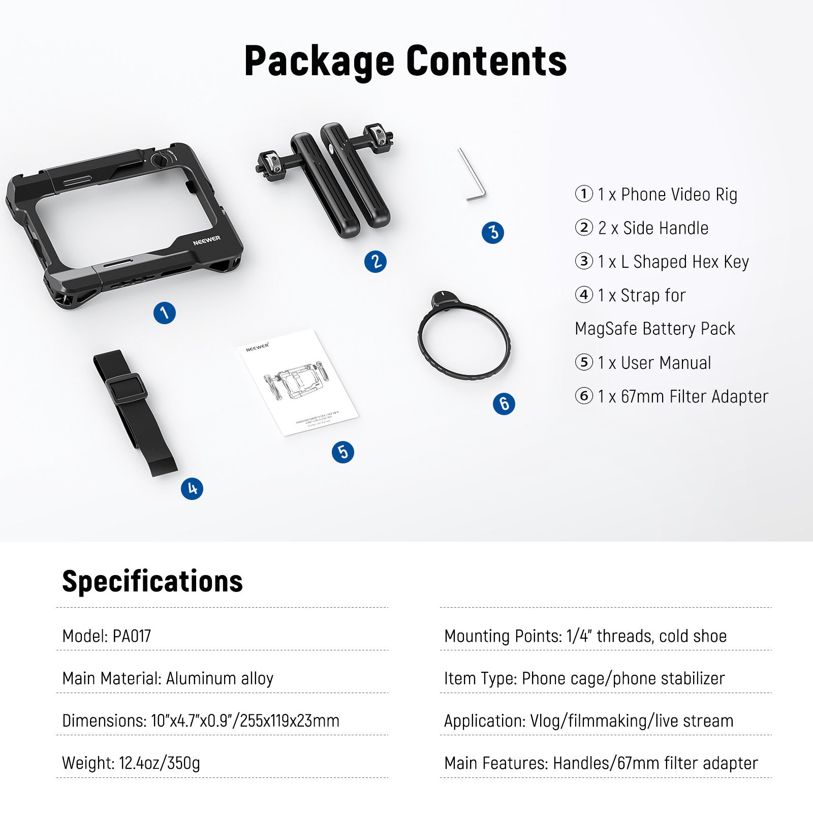 Package Contents of the NEEWER PA017 Universal Phone Video Rig