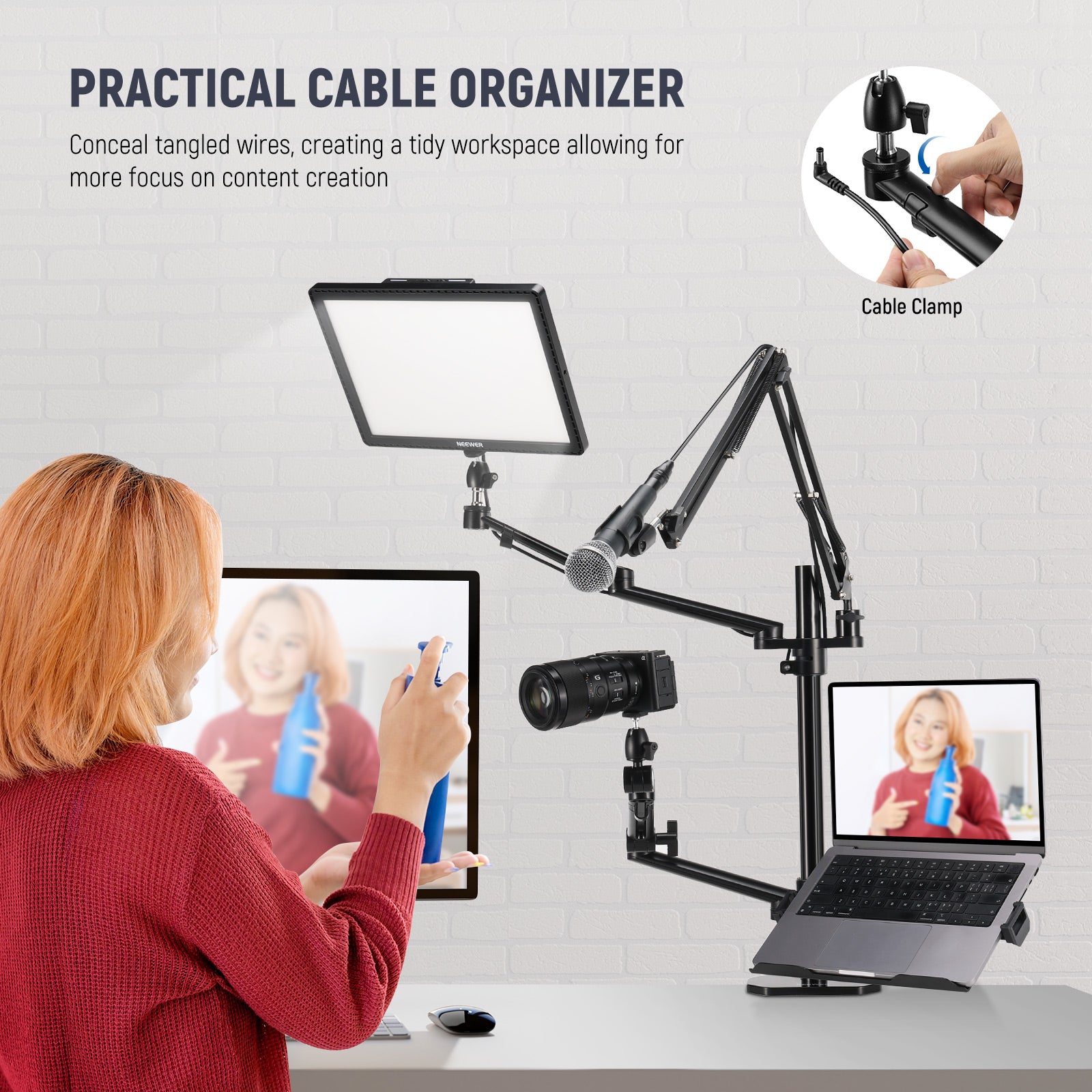 NEEWER DS007 Overhead Camera Stand creates a tidy workspace.