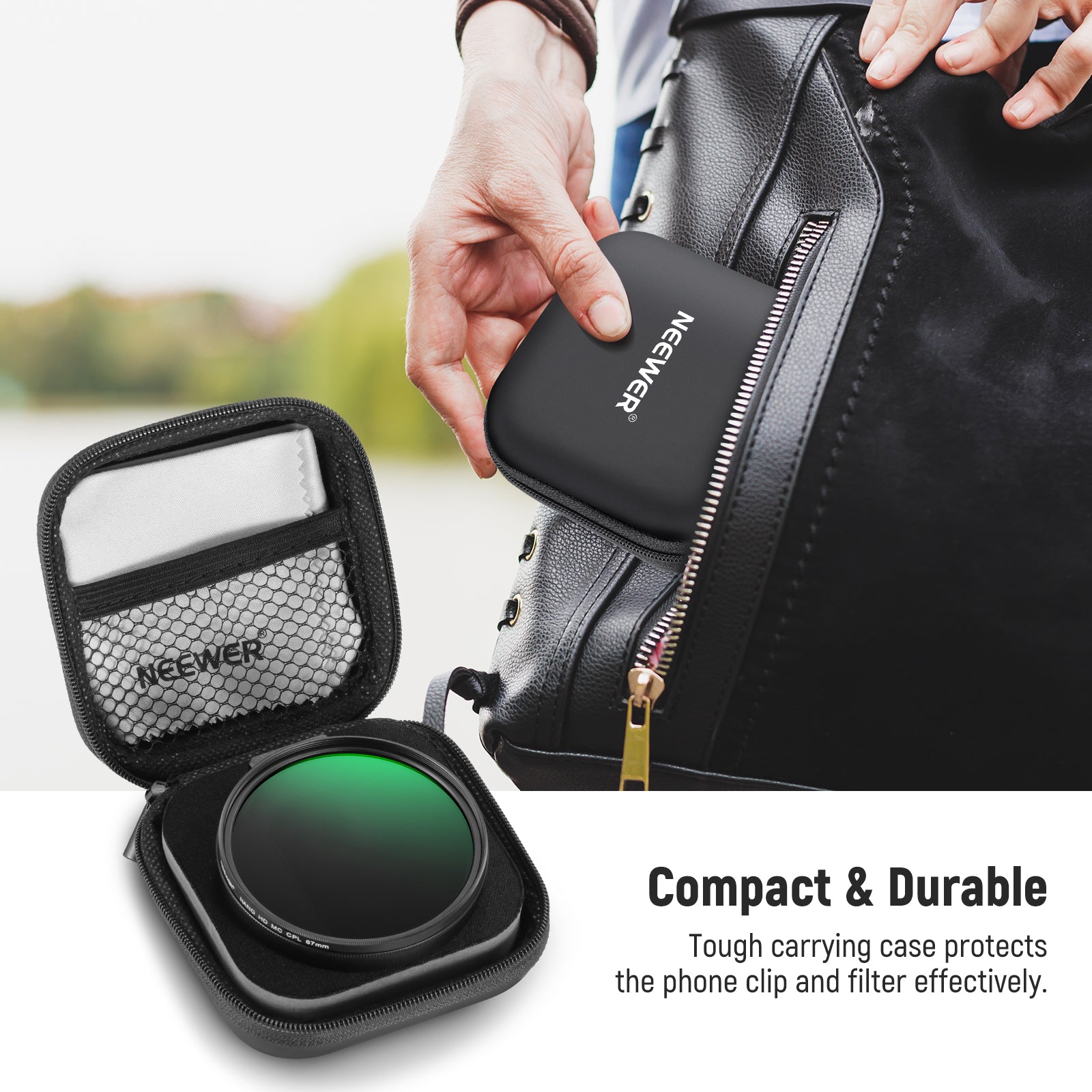 NEEWER FL-41 67mm CPL Filter Kit includes a storage case.