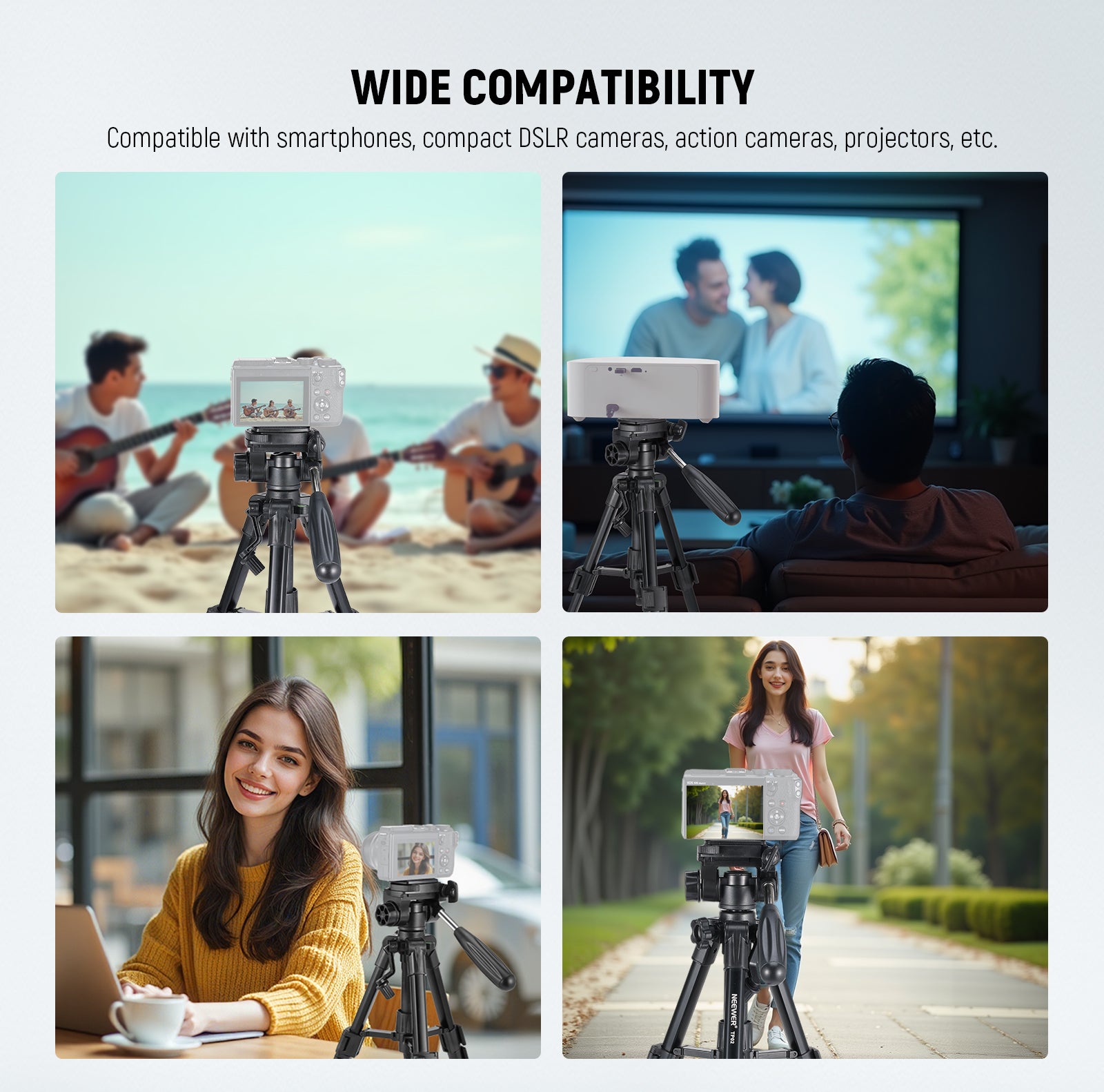 The tripod is compatible with phones, action cameras, and more.