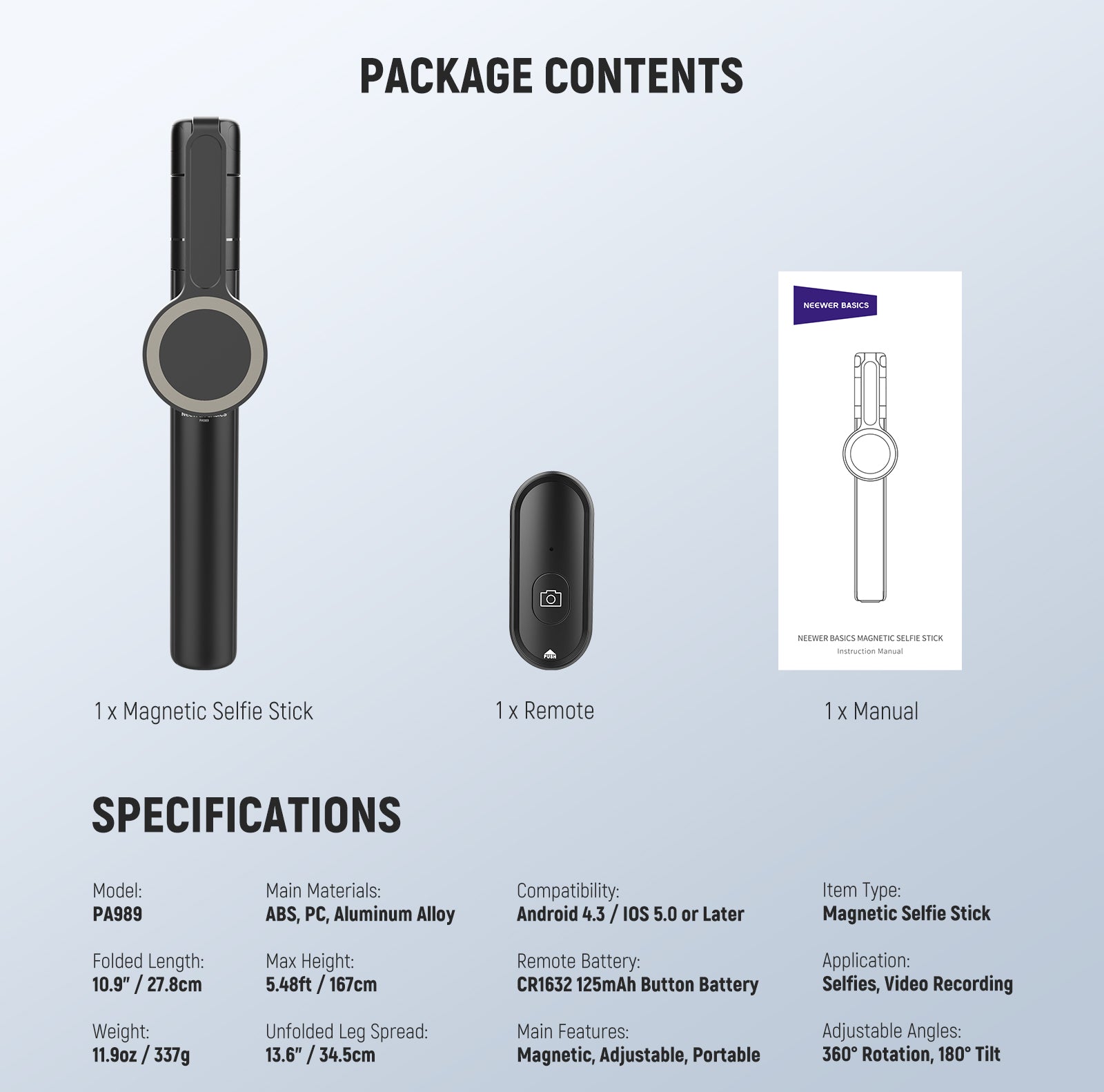 Specifications of the NEEWER PA989 65.7" Magnetic Selfie Stick