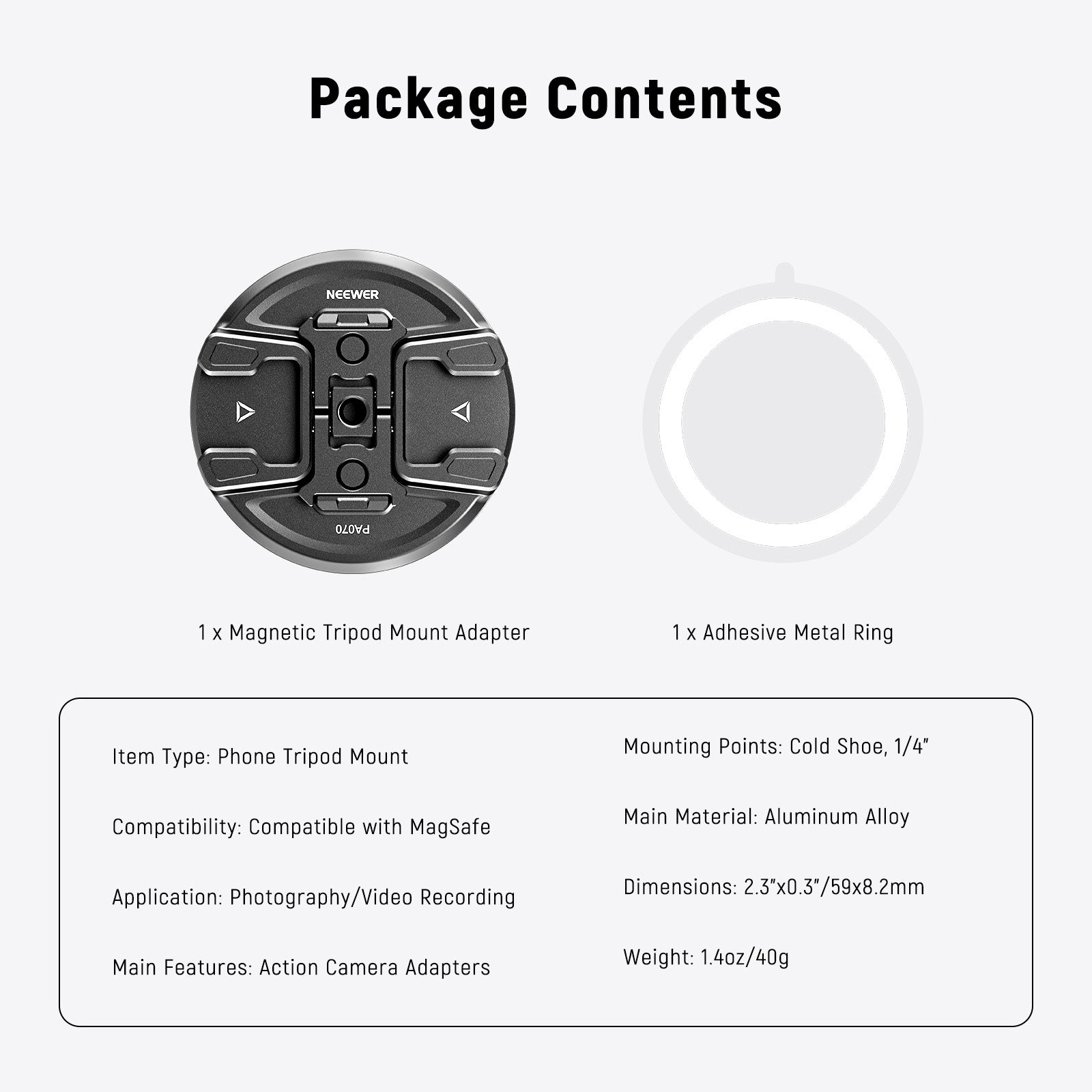Package Contents of the NEEWER PA070 Magnetic Phone Tripod Mount