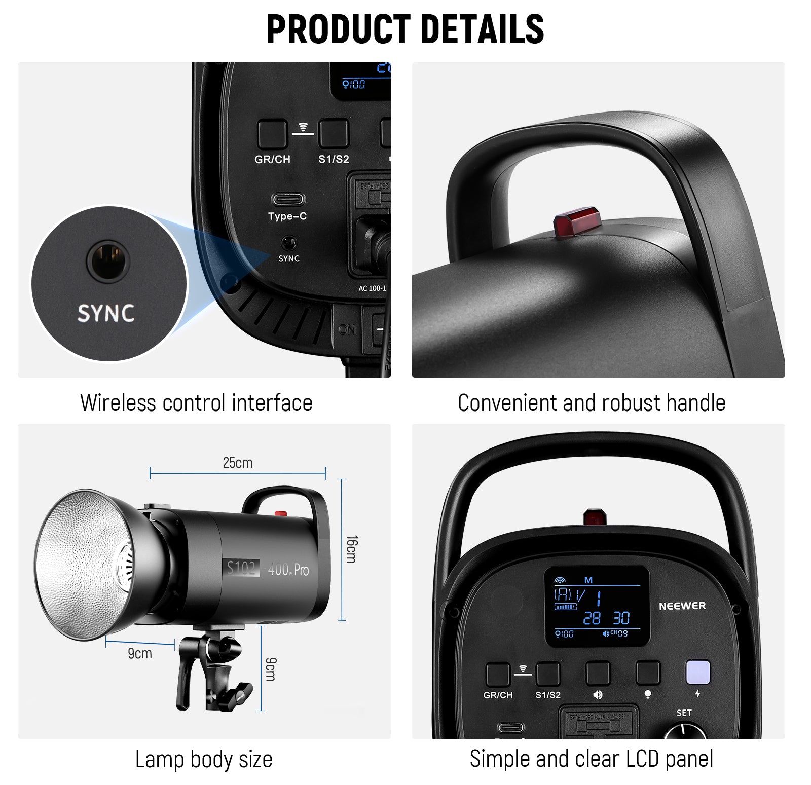 Product detail of the NEEWER S102-400W PRO Studio Monolight Flash Kit