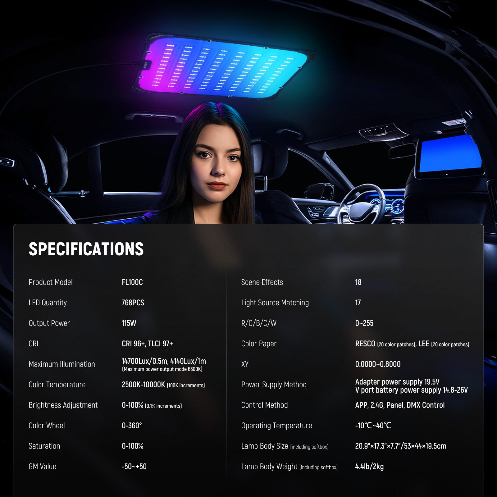 Specifications of the NEEWER FL100C Flexible Fabric LED RGB Video Light Kit