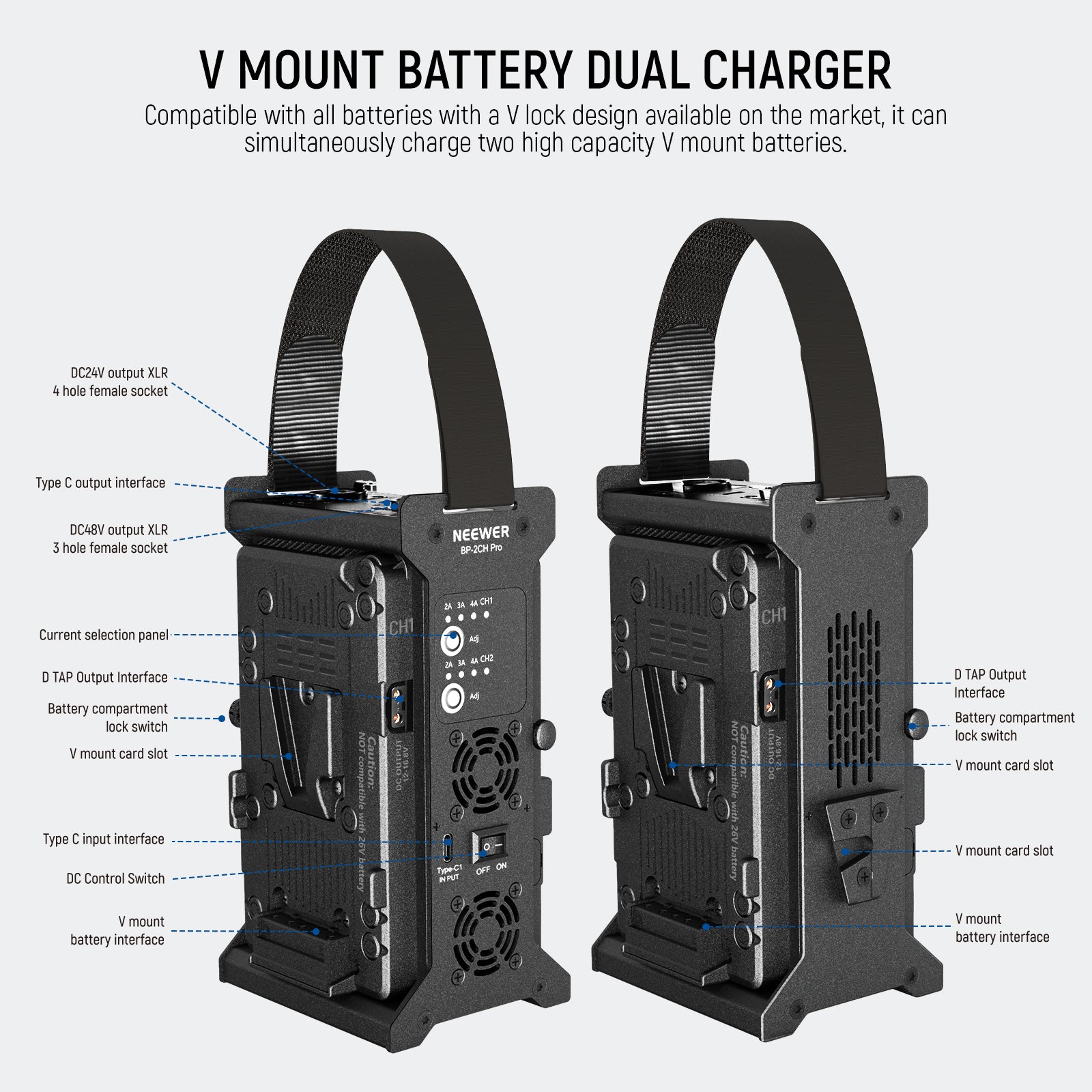 The BP-2CH Pro is an integrated dual channel charger that charges 2 V mount batteries simultaneously