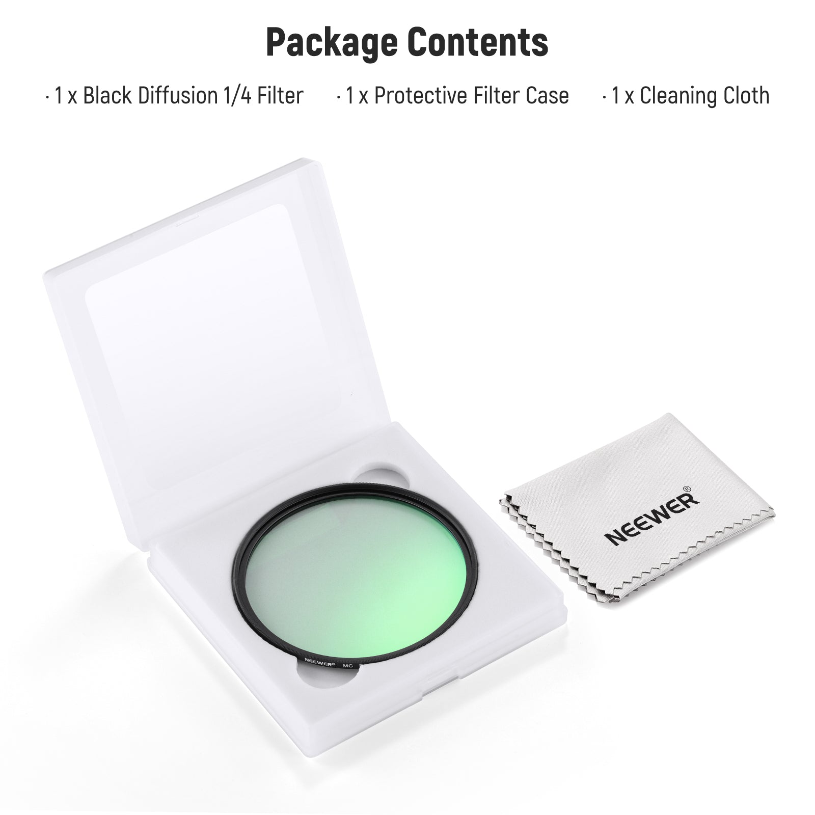Package Contents of the NEEWER 1/4 Black Diffusion Filter Cinematic Dreamy Effect Filter