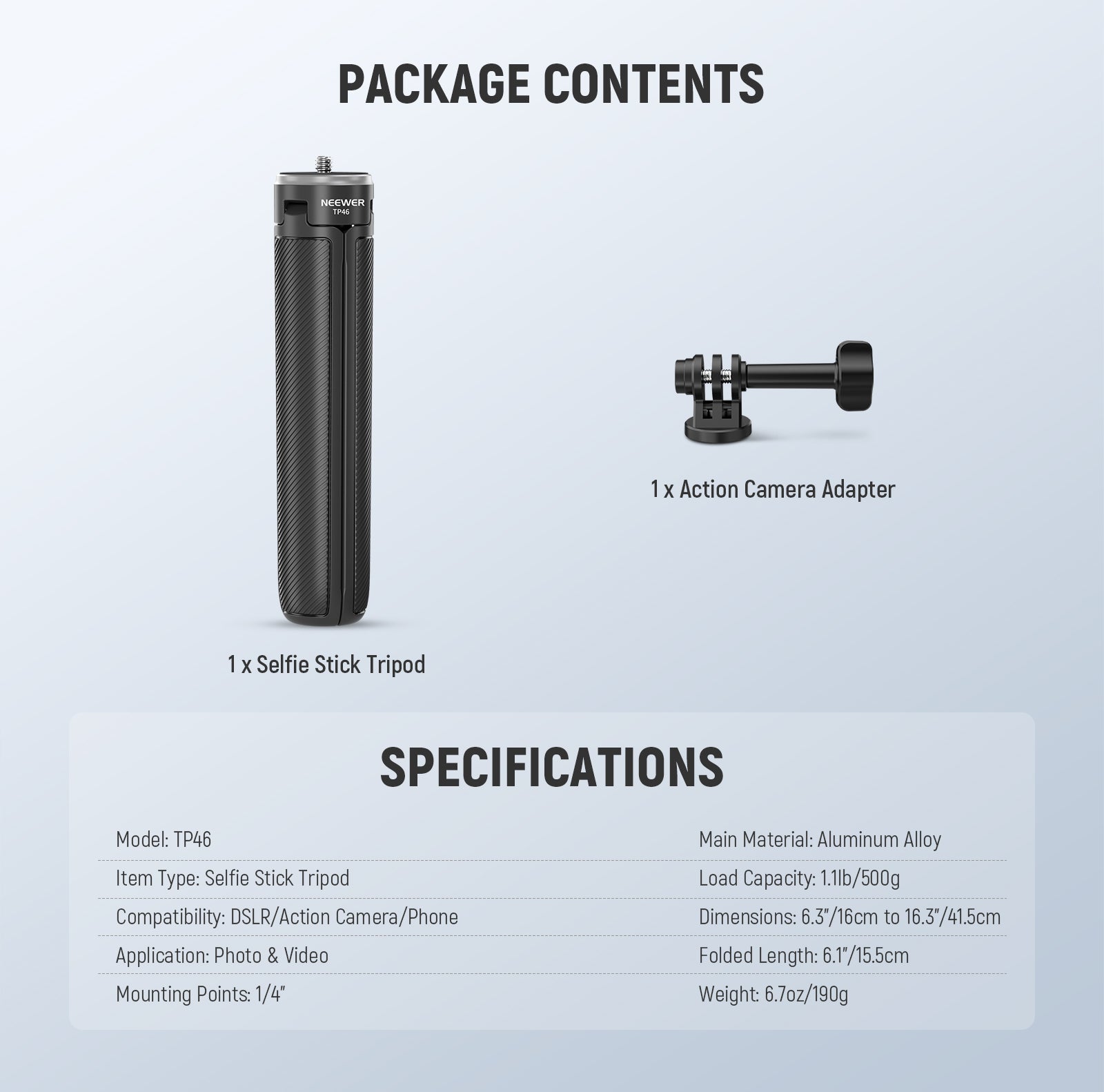 Package Contents of the NEEWER P46 Selfie Stick Tripod