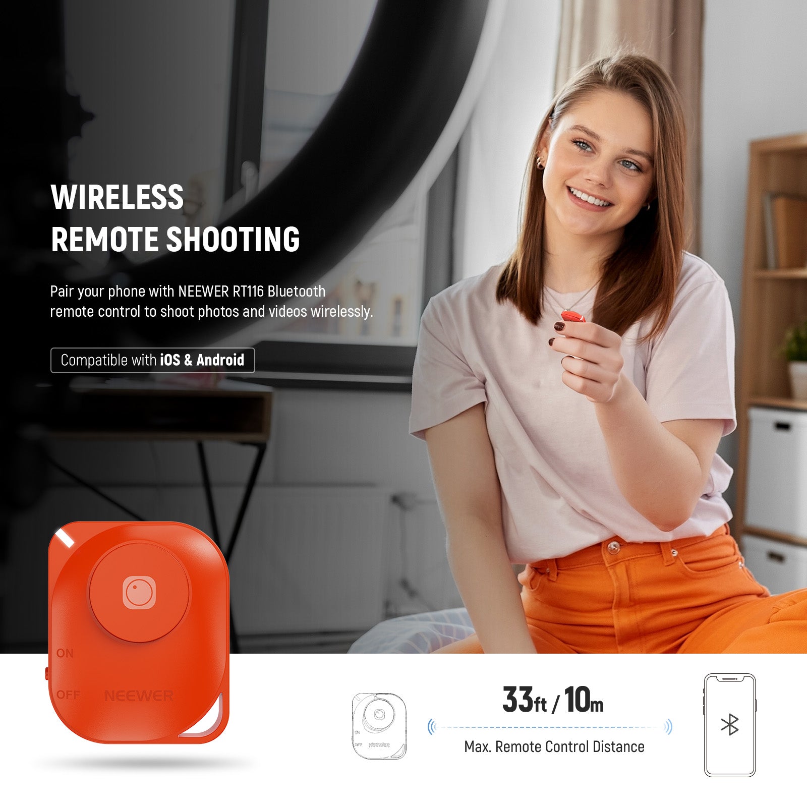 NEEWER RH12C High Power RGB LED Ring Light can be controlled by remote.