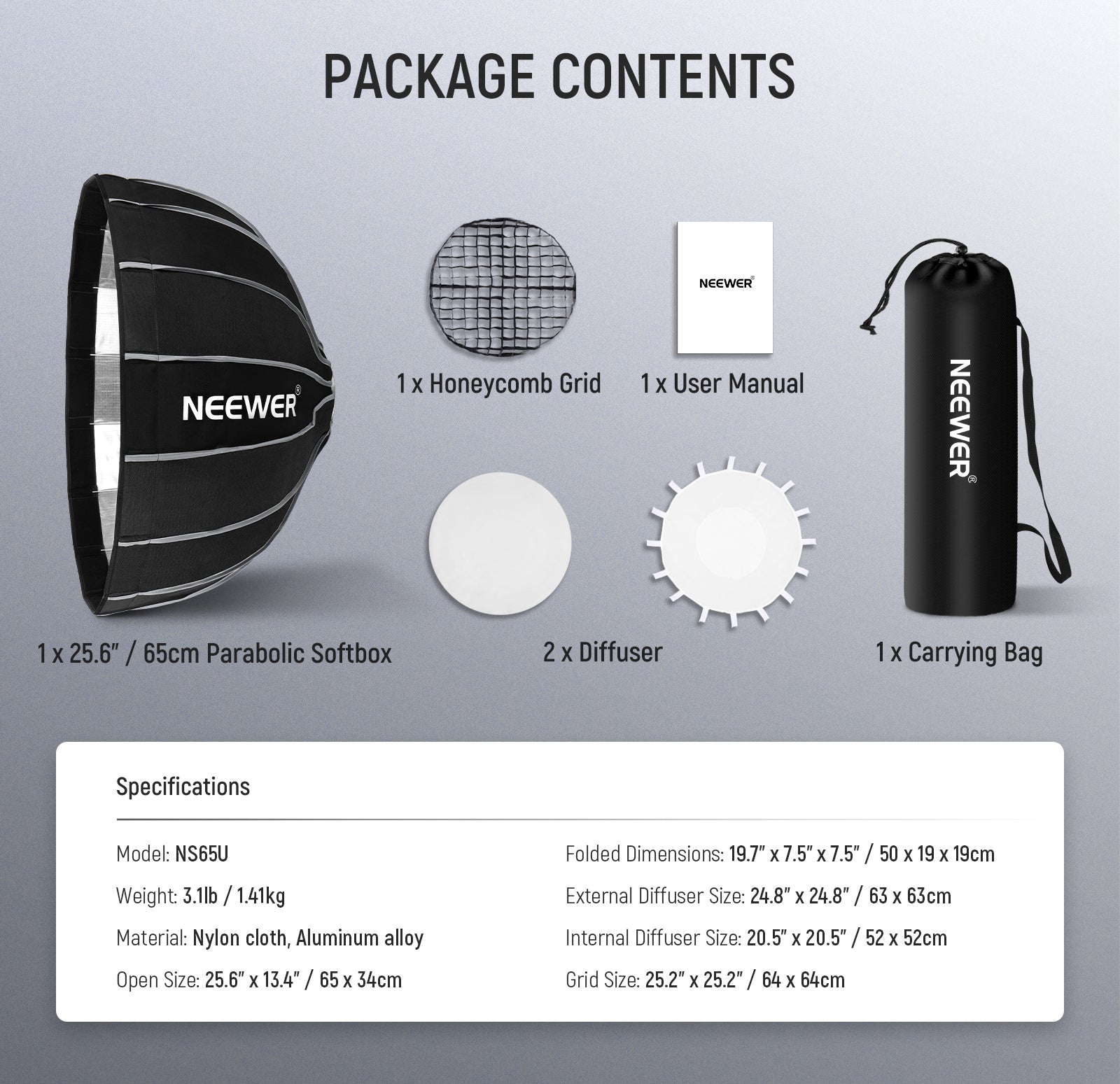 Package Contents of the NEEWER NS65U Hexadecagon Parabolic Softbox