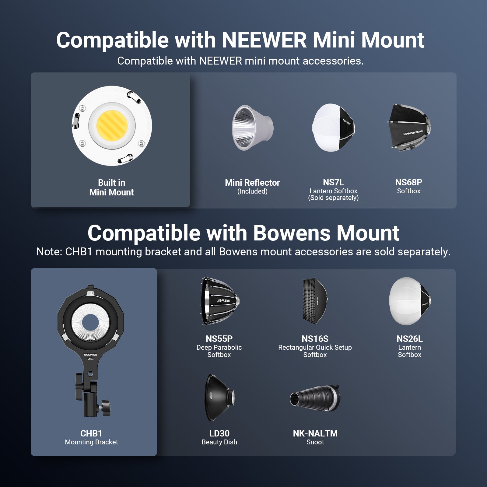 The NEEWER FS60B Bi-Color LED Video Light is compatible with NEEWER mini mounts and Bowens mounts.