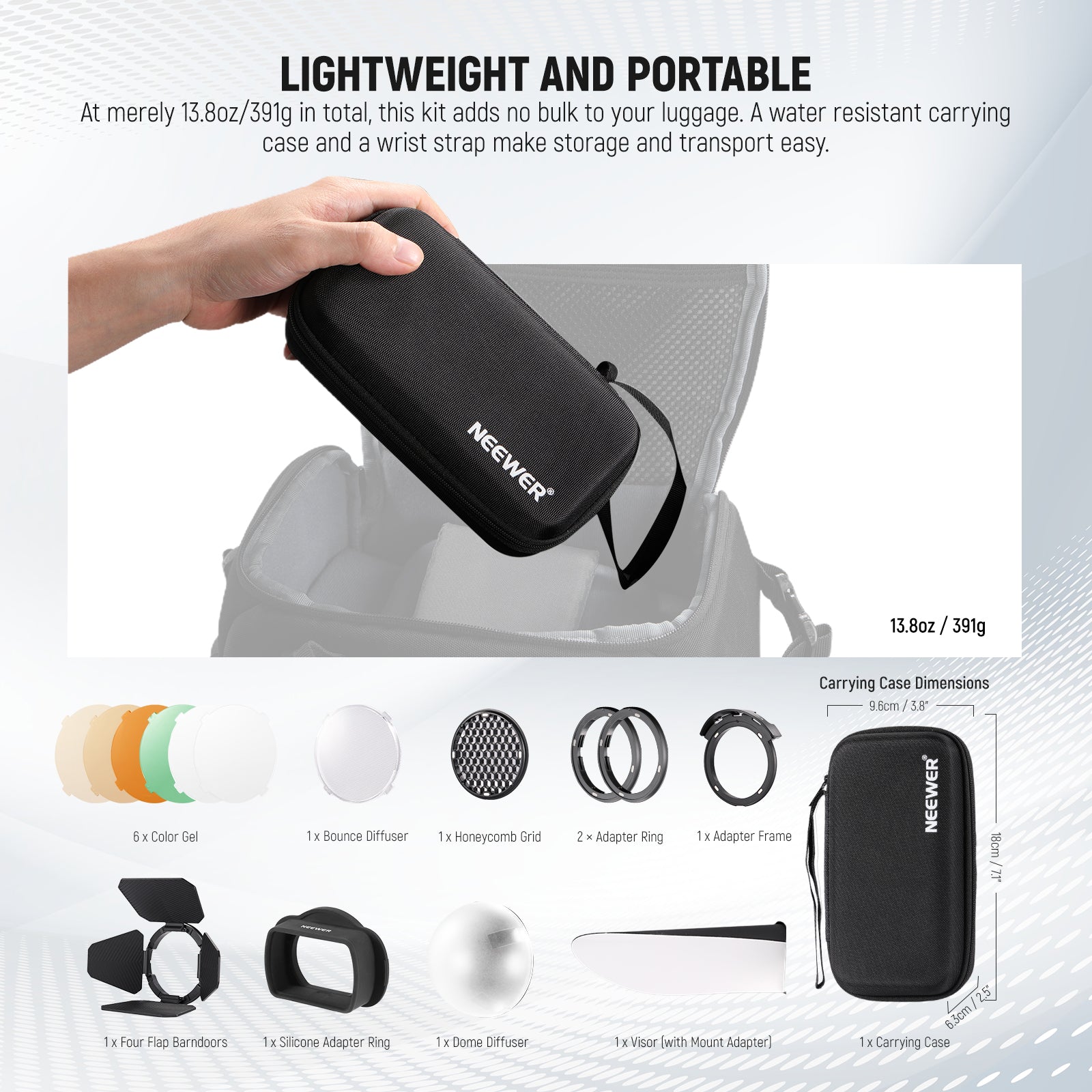 At merely 391g in total, this Flash Accessory Kit adds no bulk to your laggage.