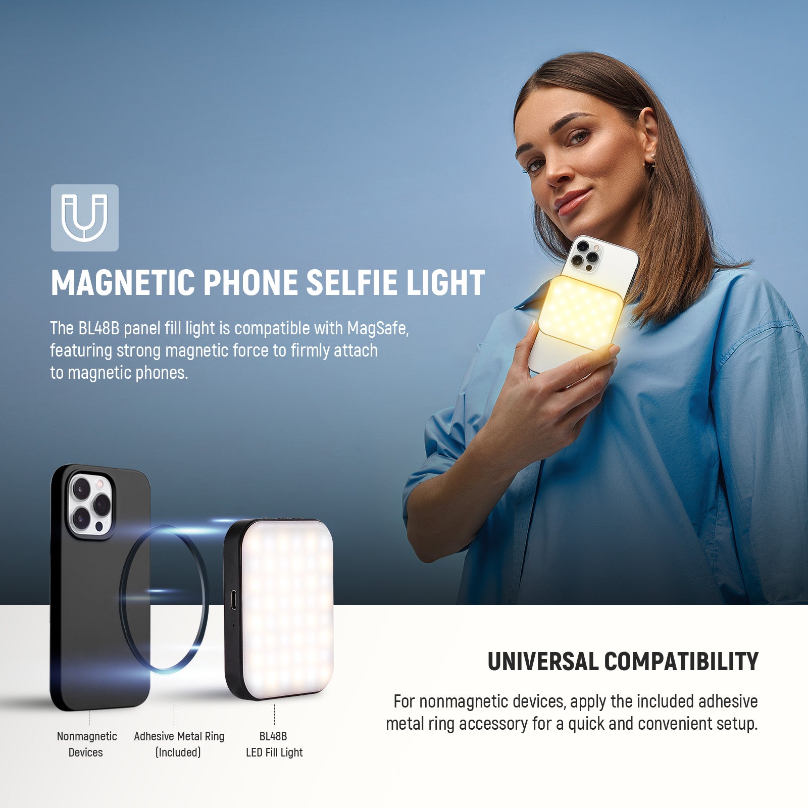 NEEWER BL48B Rechargeable Magnetic Selfie Light is compatible with MagSafe