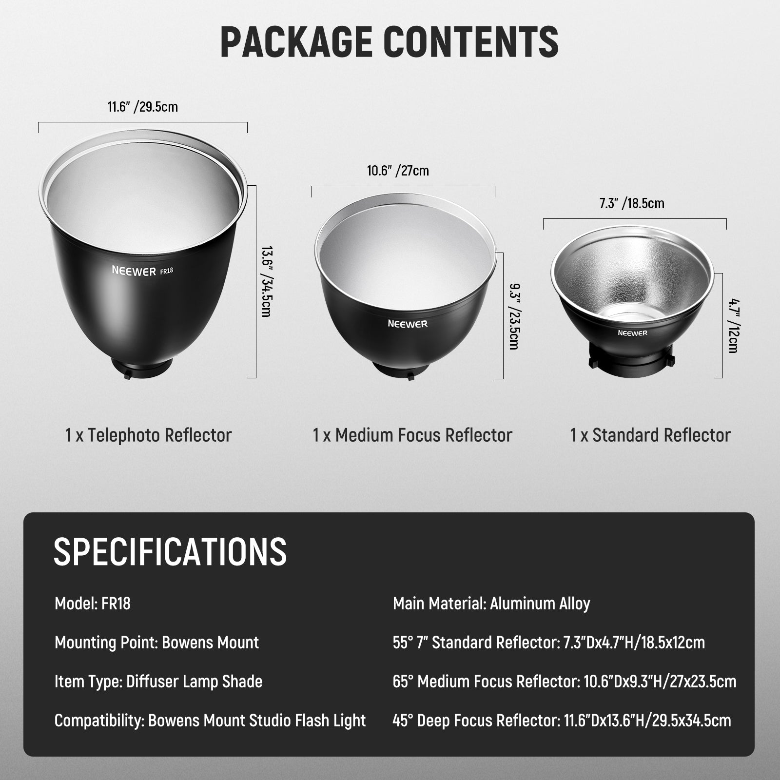 Package Contents of the NEEWER FR18 Deep Focus Reflector Set with Bowens Mount