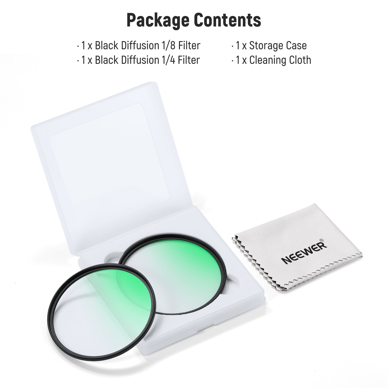 Package Contents of the NEEWER 2 Pack 1/4 & 1/8 Black Diffusion Lens Filter Set