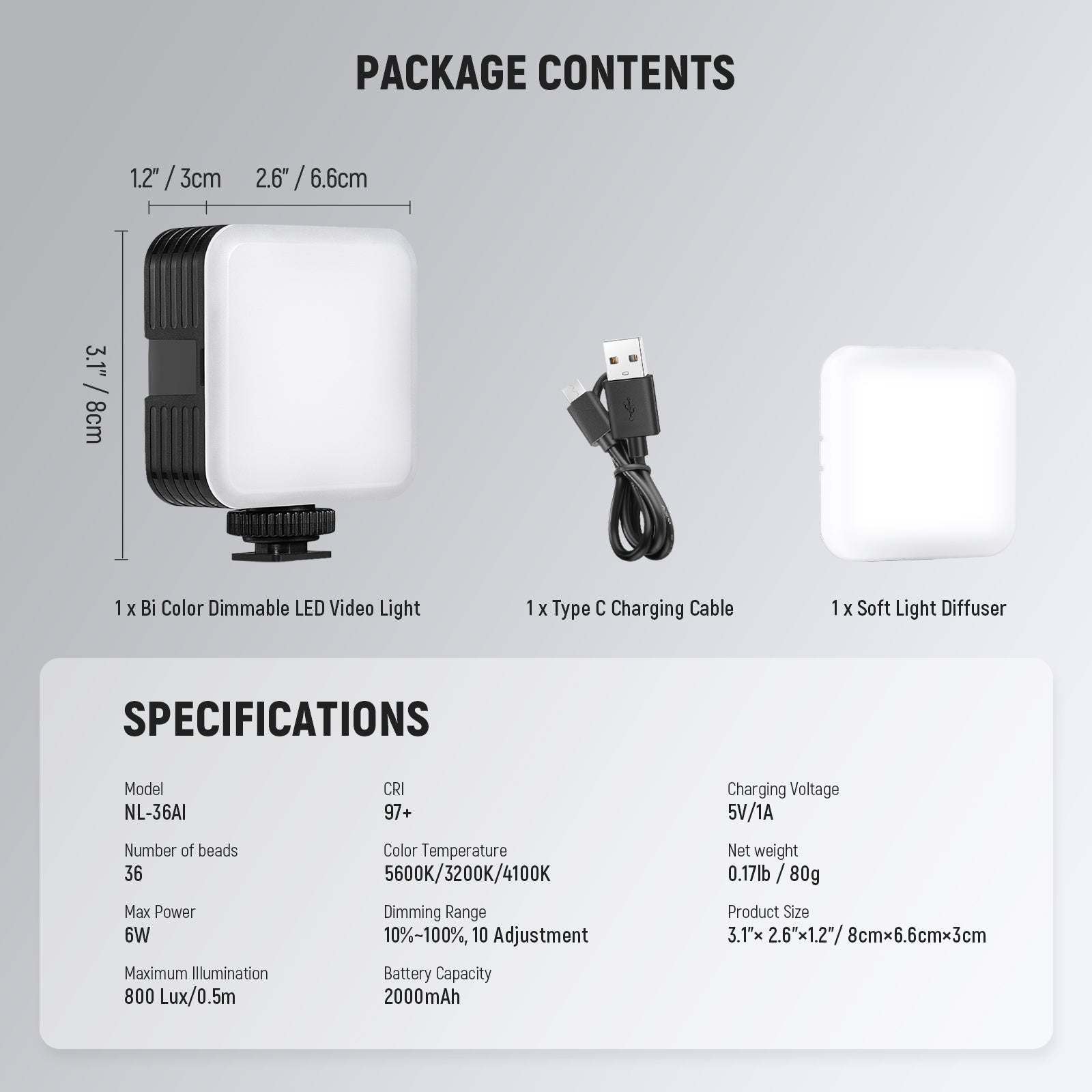 Package Contents of the NEEWER NL-36AI Cold Shoe Bi-Color Portable Light