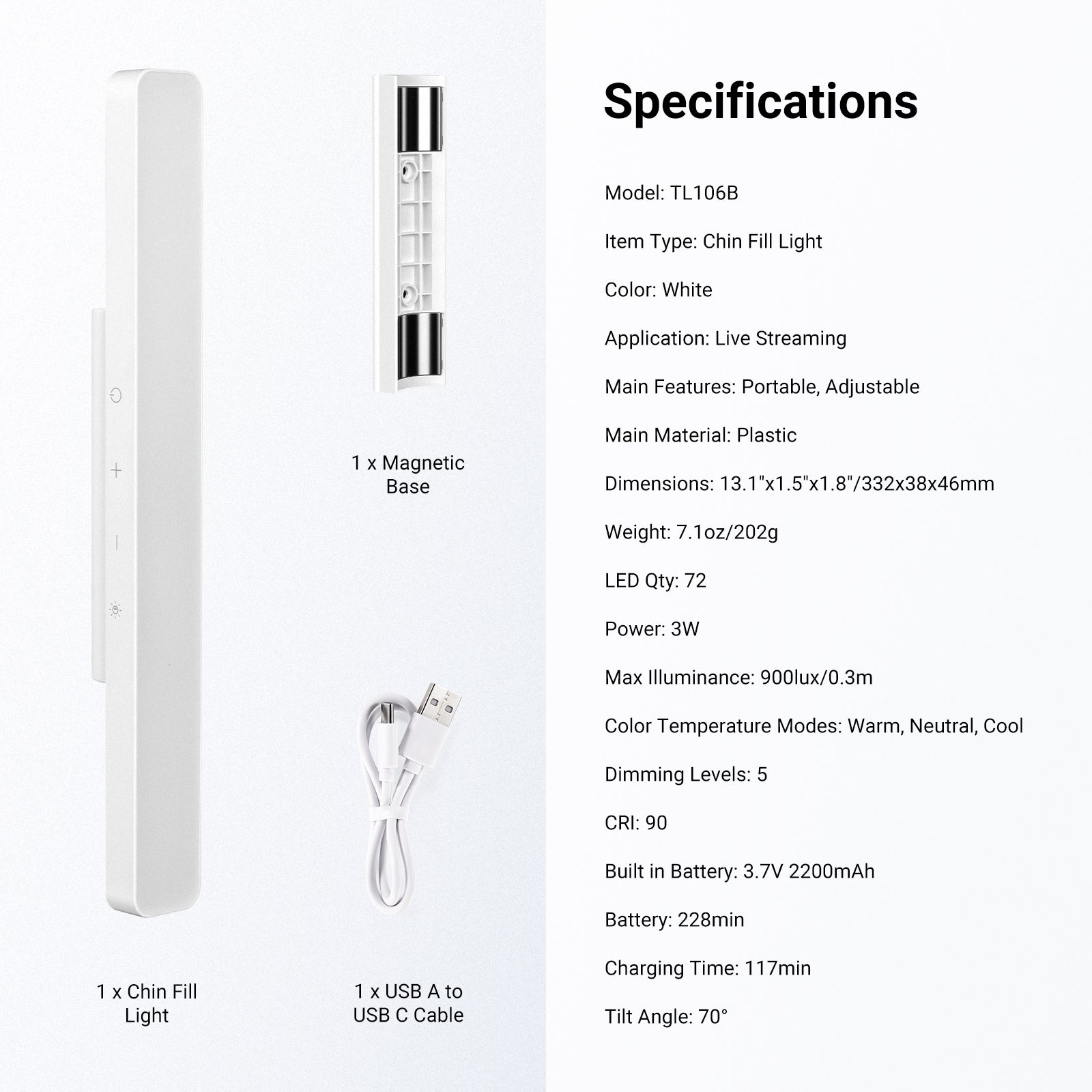 This package includes a chin fill light, a magnetic base, and a USB-A to USB-C cable.