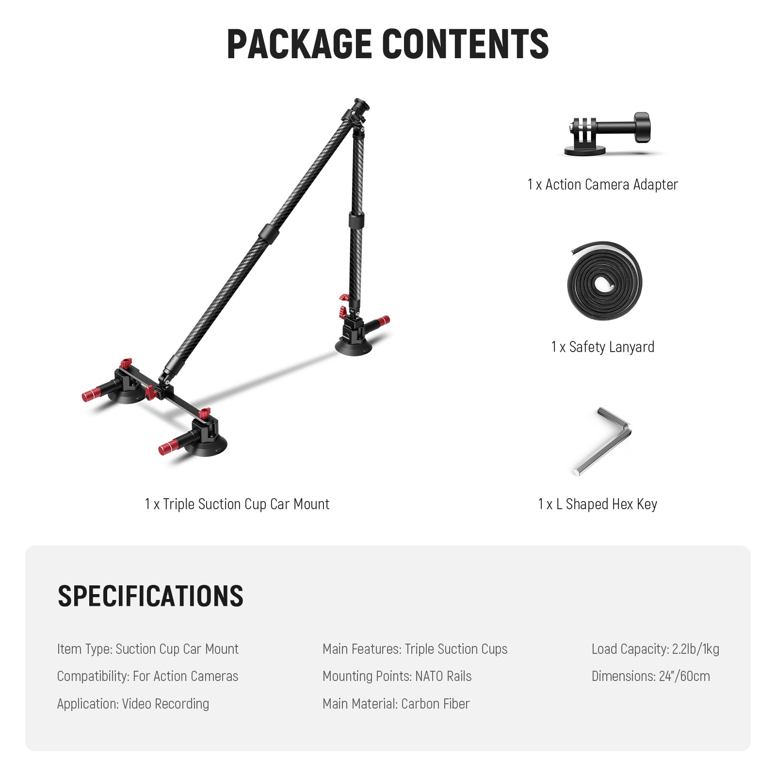 Package Contents of the NEEWER CA136 Triple Suction Cup Extension Pole Car Mount Kit