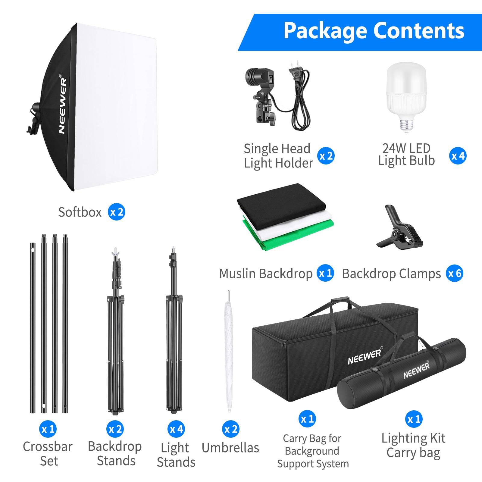 Package Contents of the NEEWER 3x2.6m Background Support System Lighting Kit
