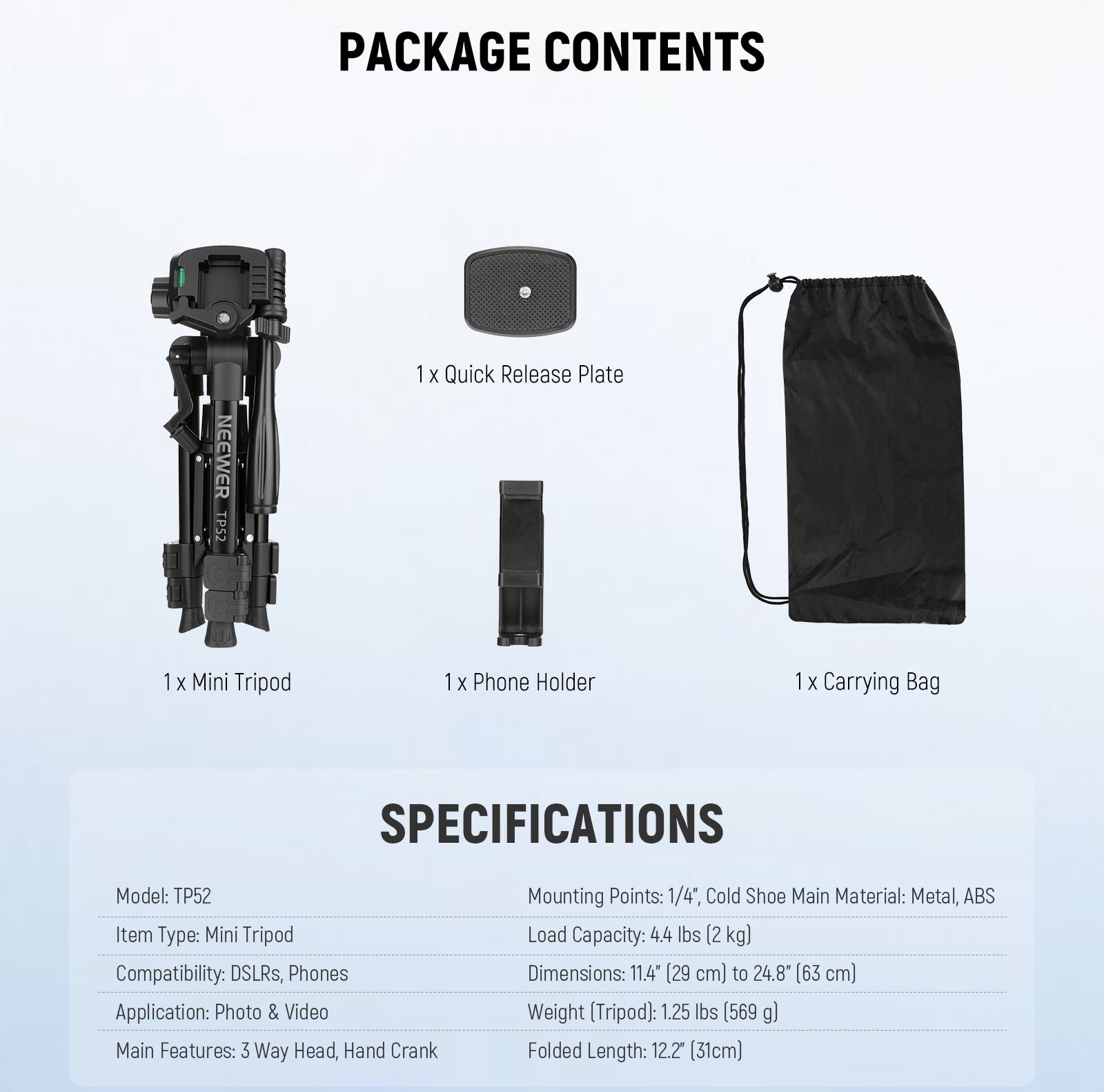 Package Contents of the NEEWER TP52 Mini Desk Tripod