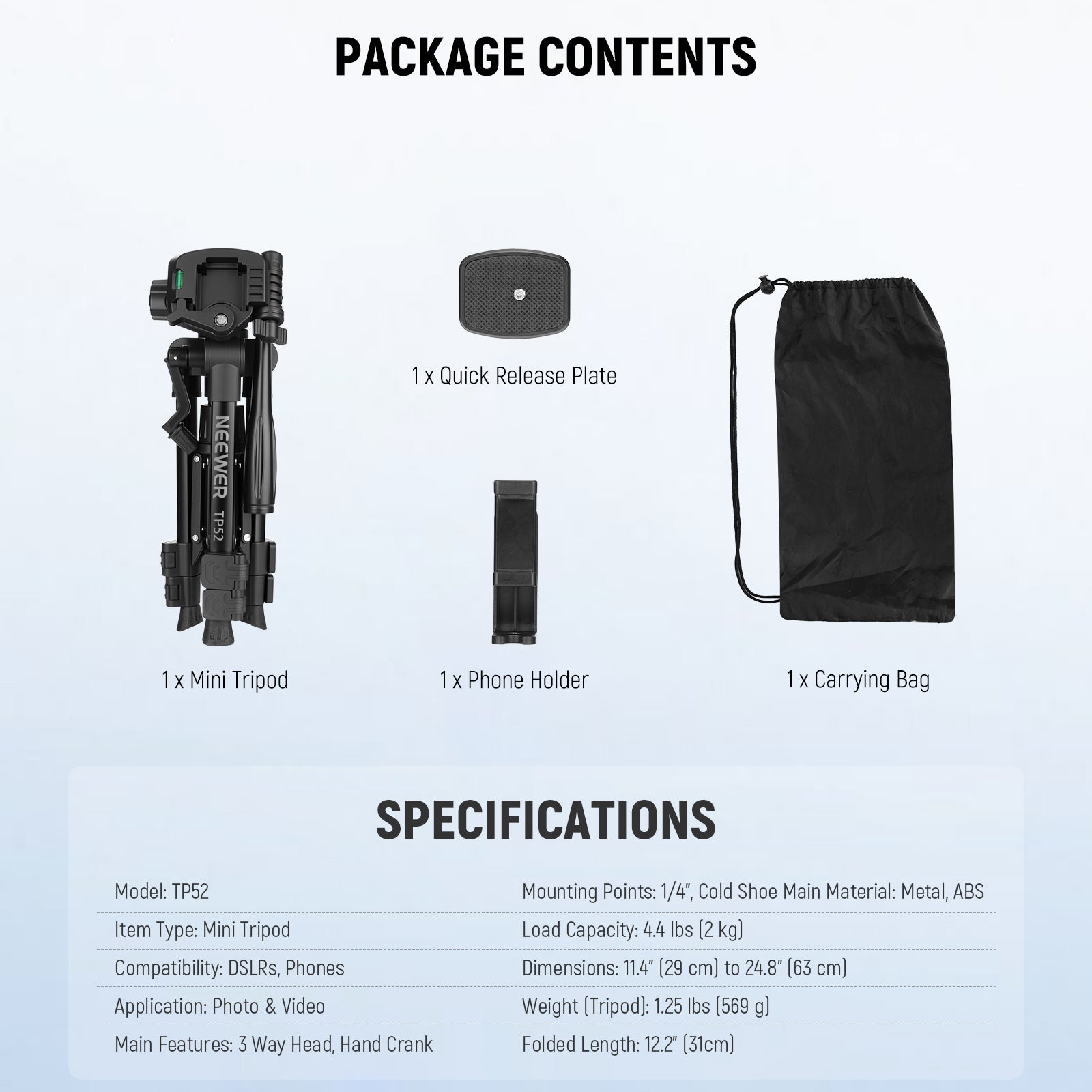 Package Contents of the NEEWER TP52 Mini Desk Tripod