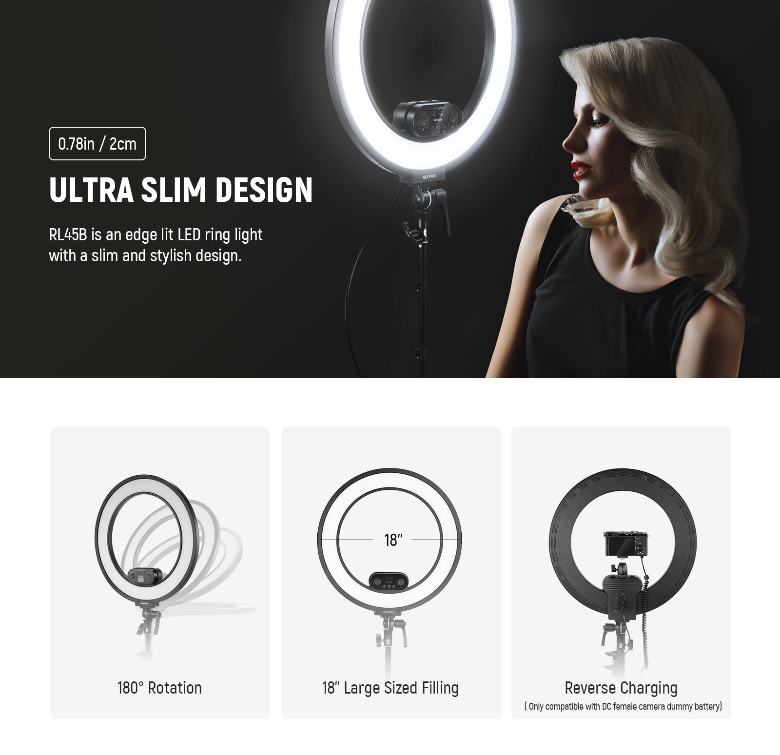 The NEEWER RL45B 45W 18” Slim Side Light Ring Light features a slim design.