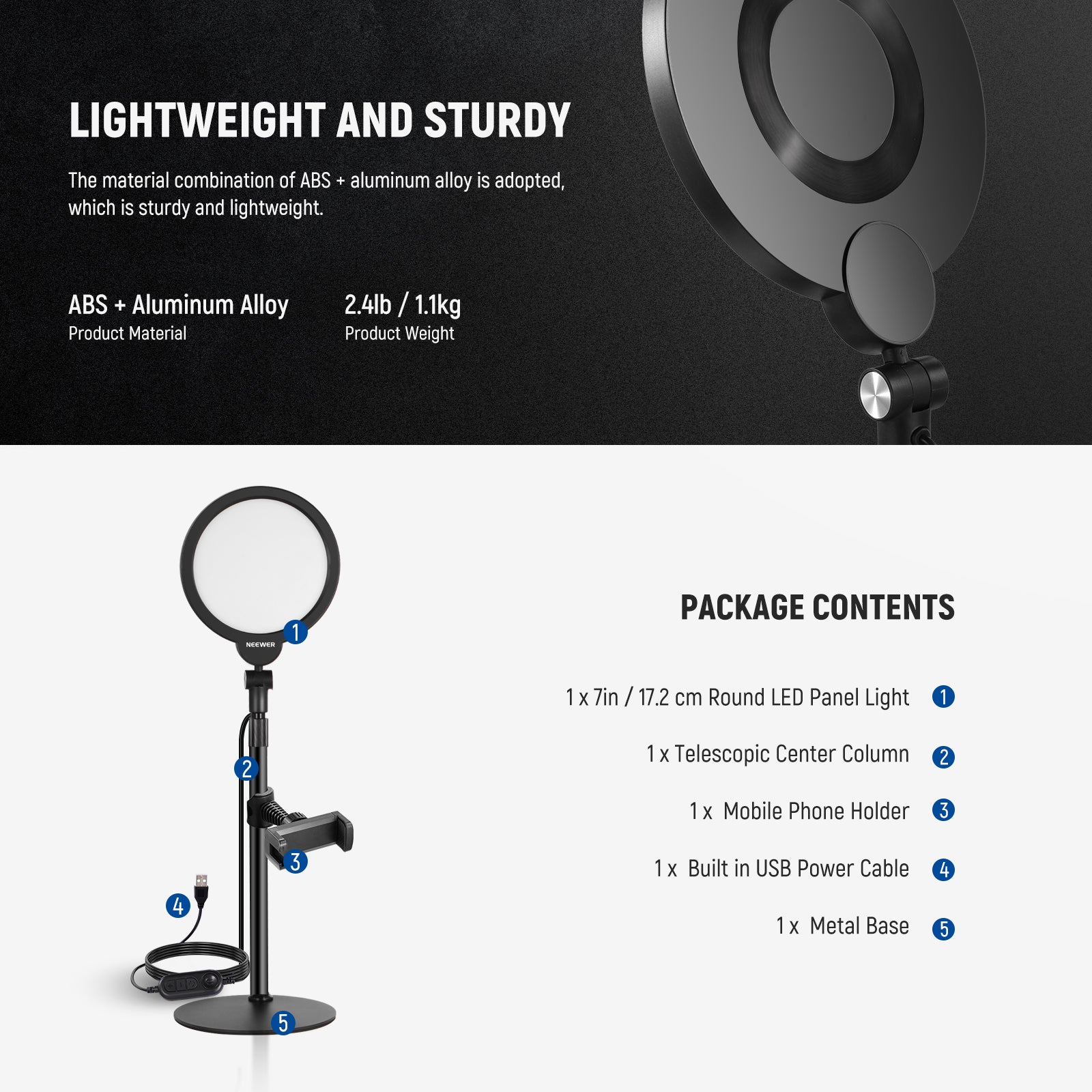 Package Contents of the NEEWER R06 7" Desktop Phone Selfie Light Kit