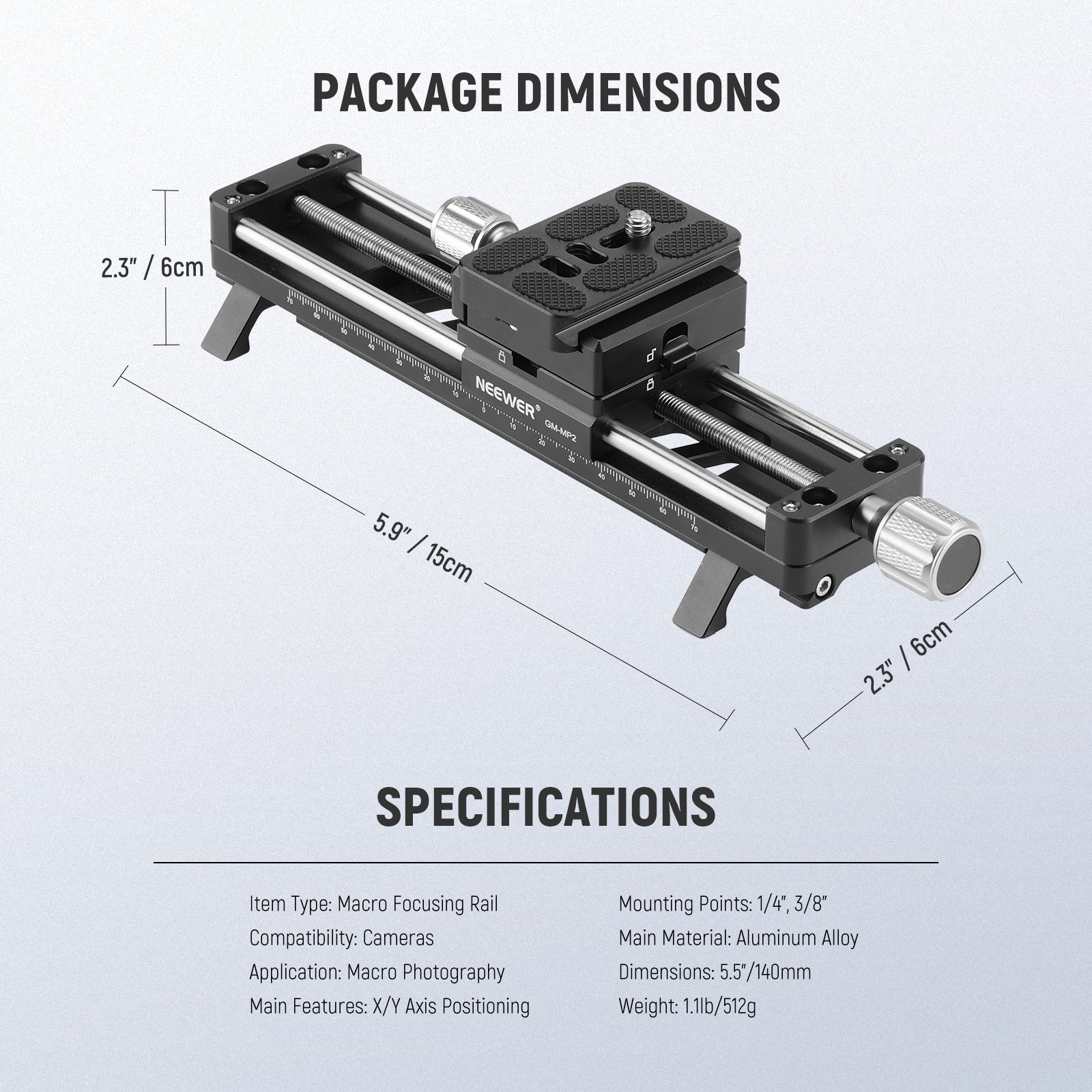 Package Contents of the NEEWER GM-MP2 140mm Macro Focusing Rail Slider