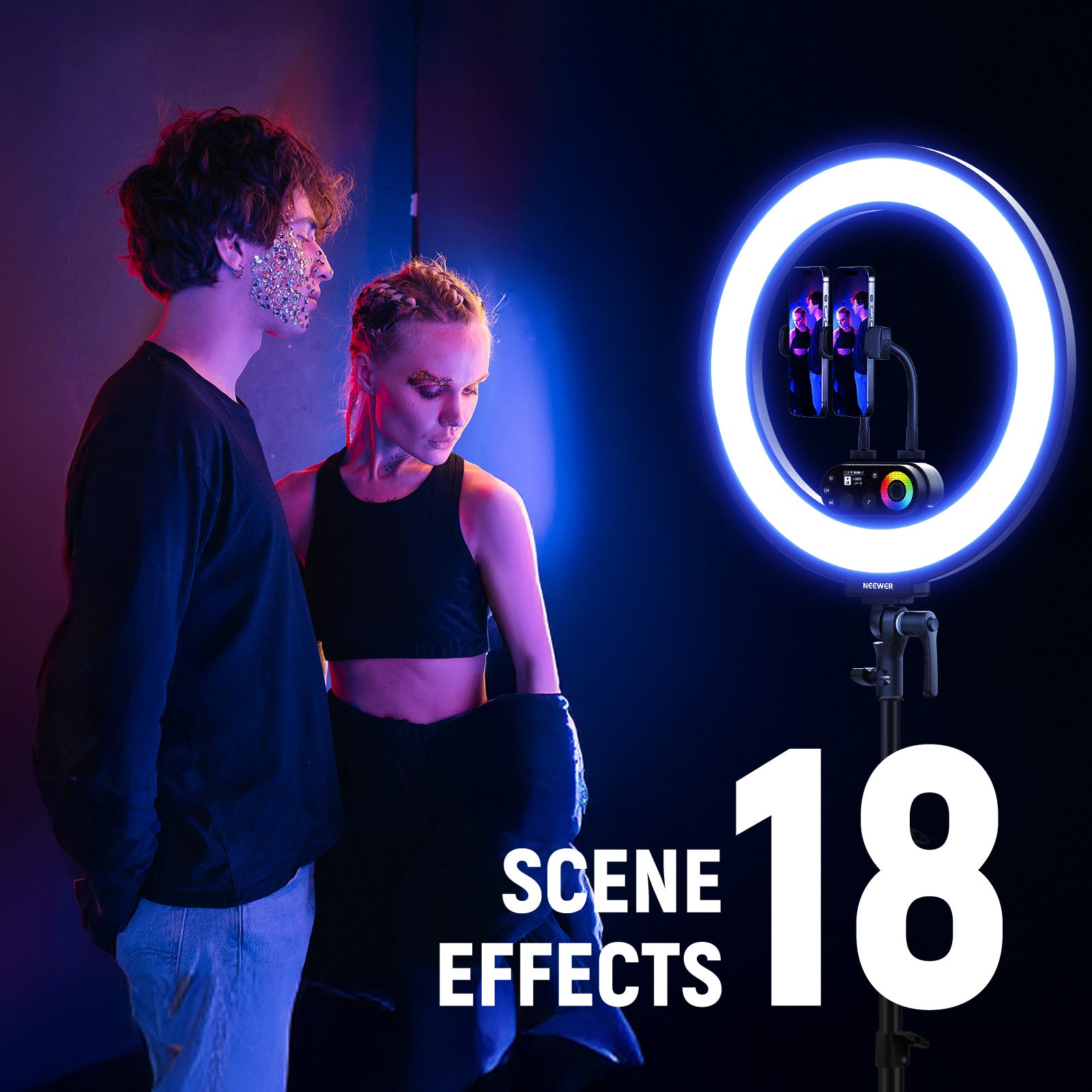 NEEWER RL45C RGB LED Ring Light features 18 scene effects.