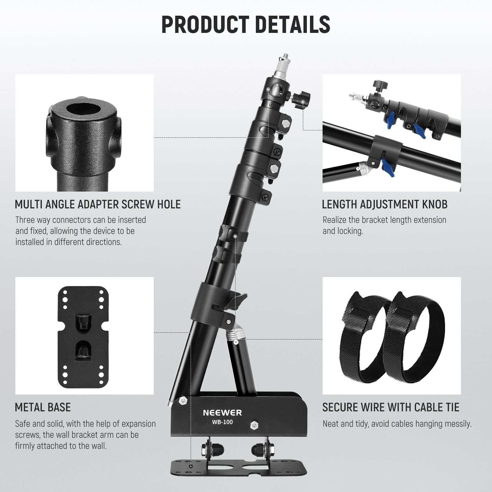 Product details of the NEEWER WB-100 116cm Triangle Wall Mounting Boom Arm
