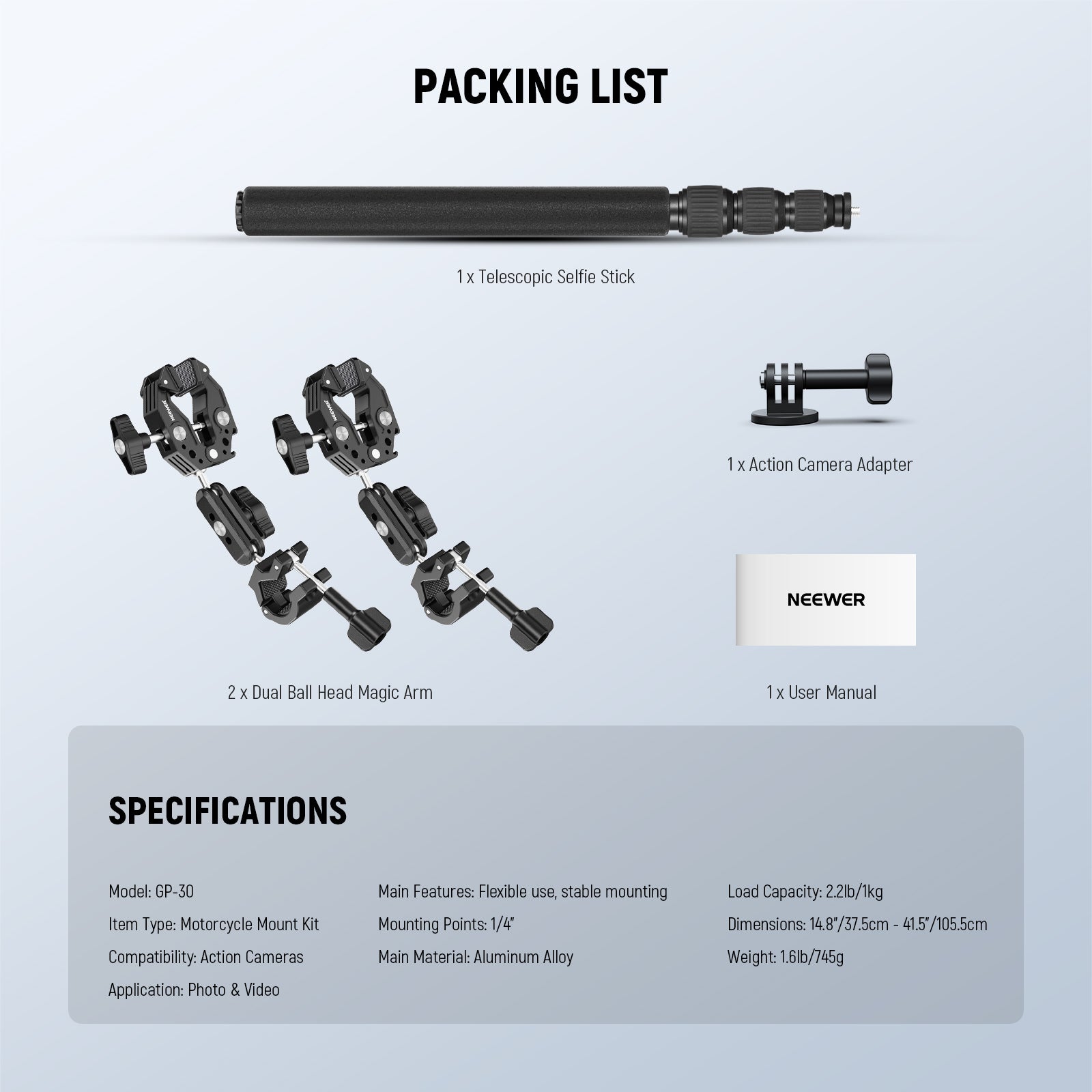 Packing List of the NEEWER GP-30 Motorcycle Camera Mount Kit