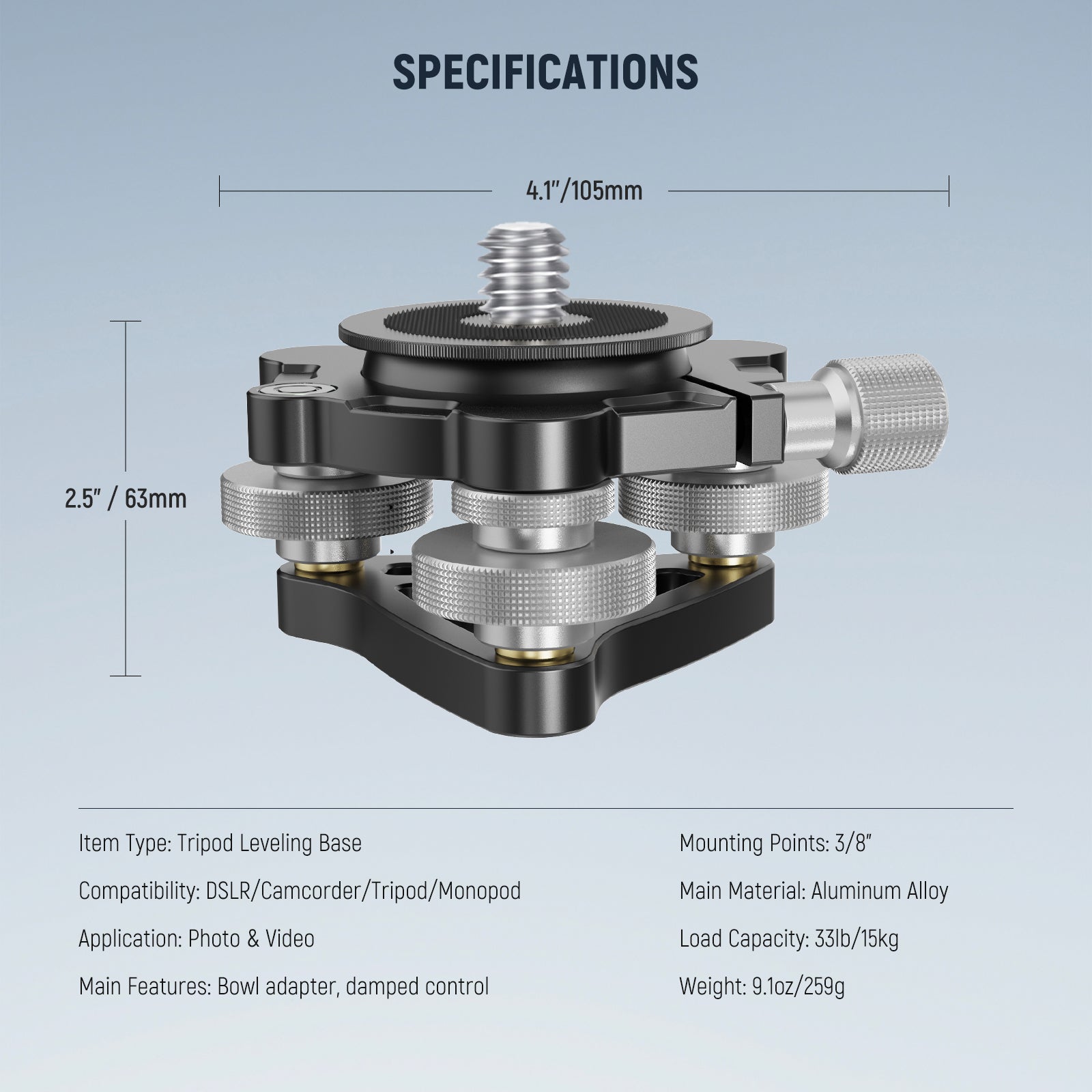 Specifications of the NEEWER LP66 Tripod Head Leveling Base Camera Leveler