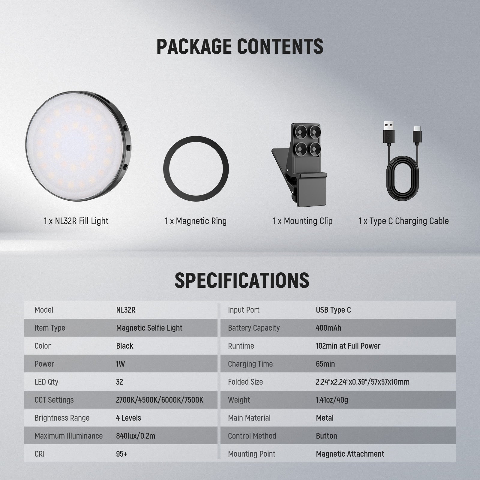 Package Contents of the NEEWER NL32R Magnetic Selfie Light