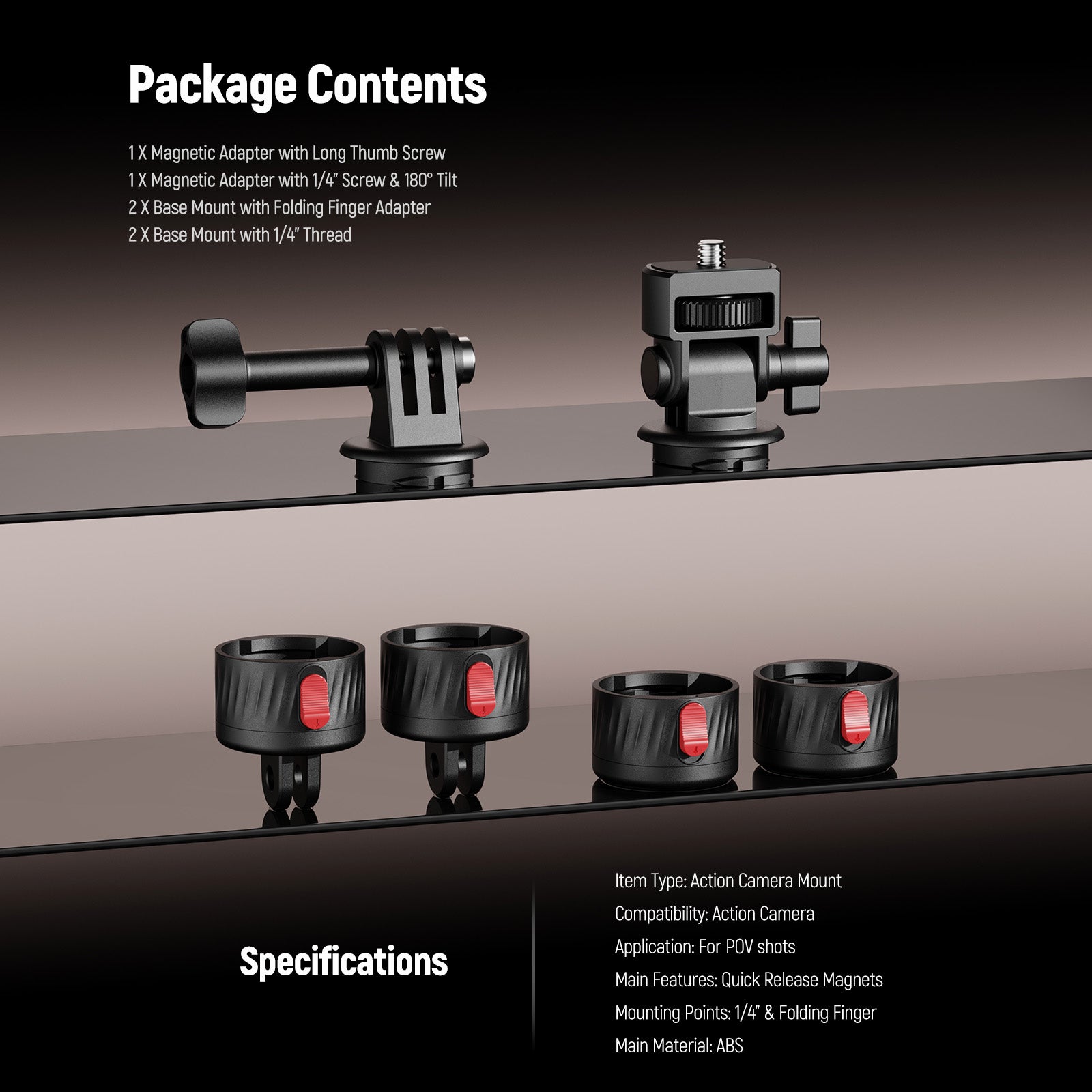 Package Contents and Specifications of the NEEWER GP-24 4 In 1 Action Camera Mount Kit