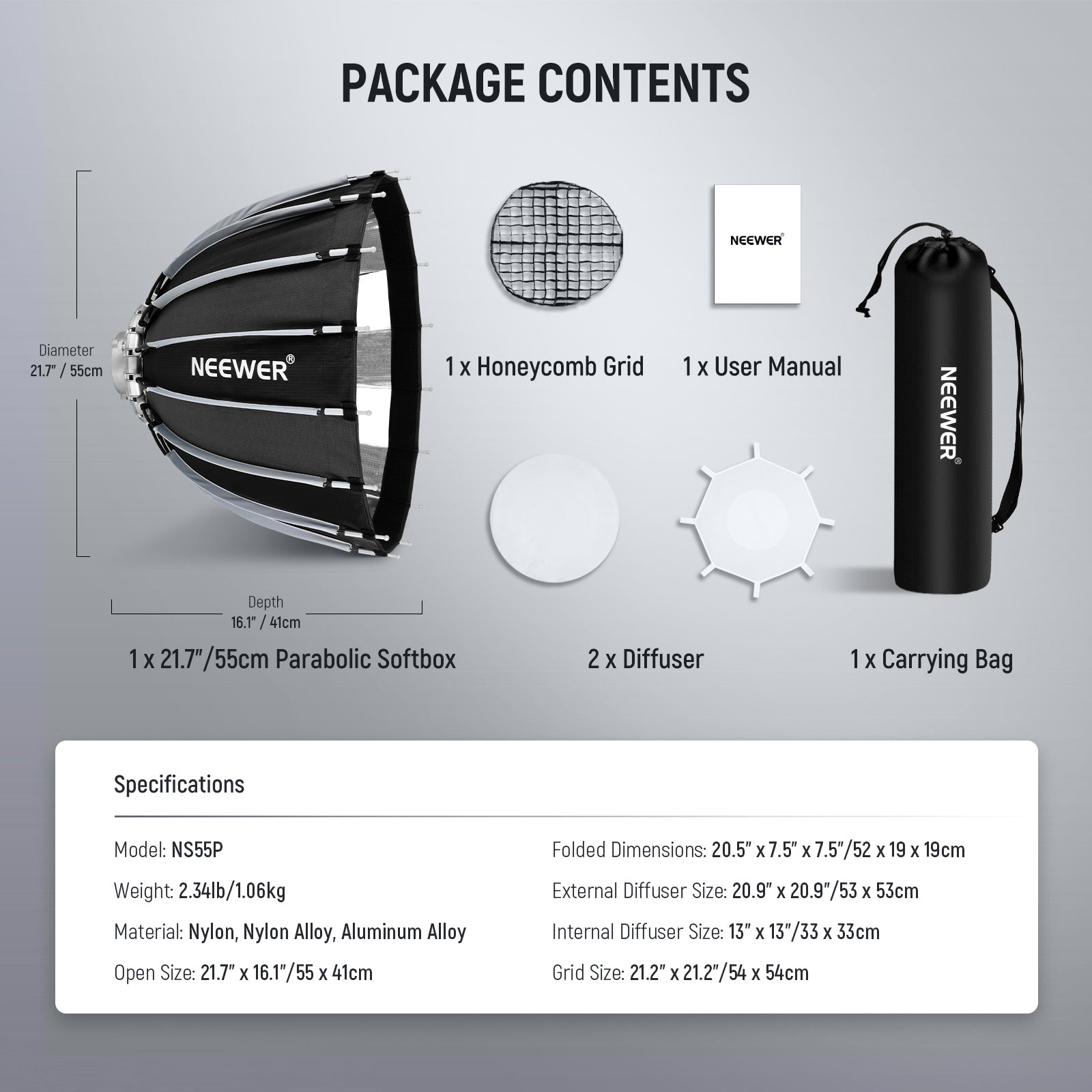 Package Contents of the NEEWER NS55P 55cm Parabolic Softbox