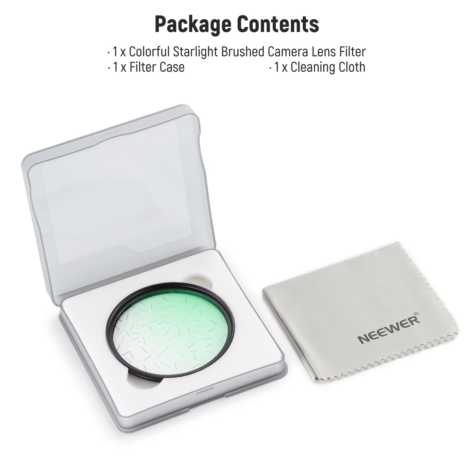 Package Contents of the NEEWER Colorful Starlight Brushed Camera Lens Filter