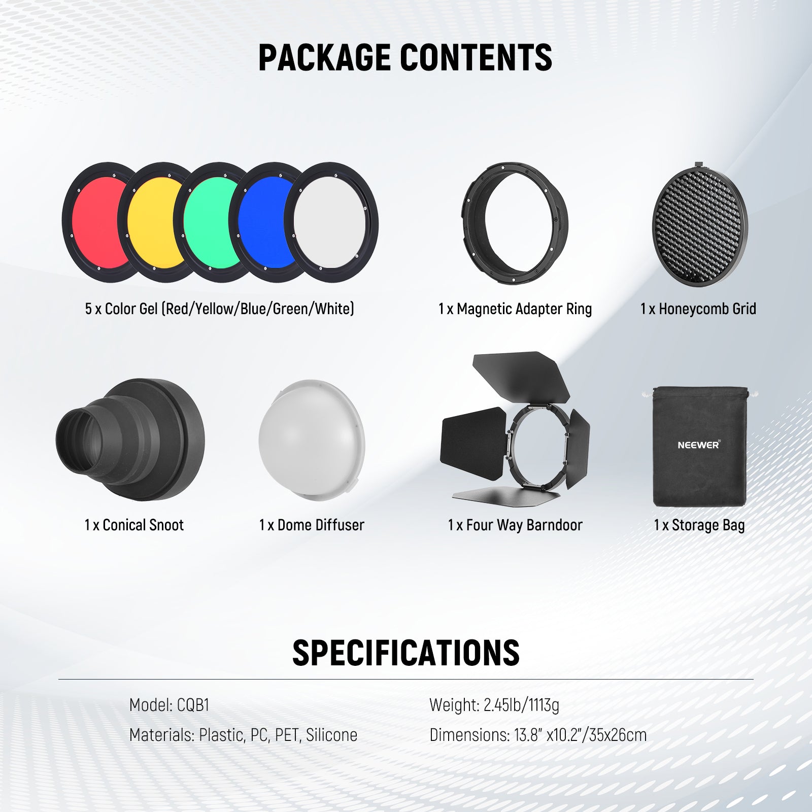 Package Contents of the NEEWER CQB1 Magnetic Flash Accessory Kit