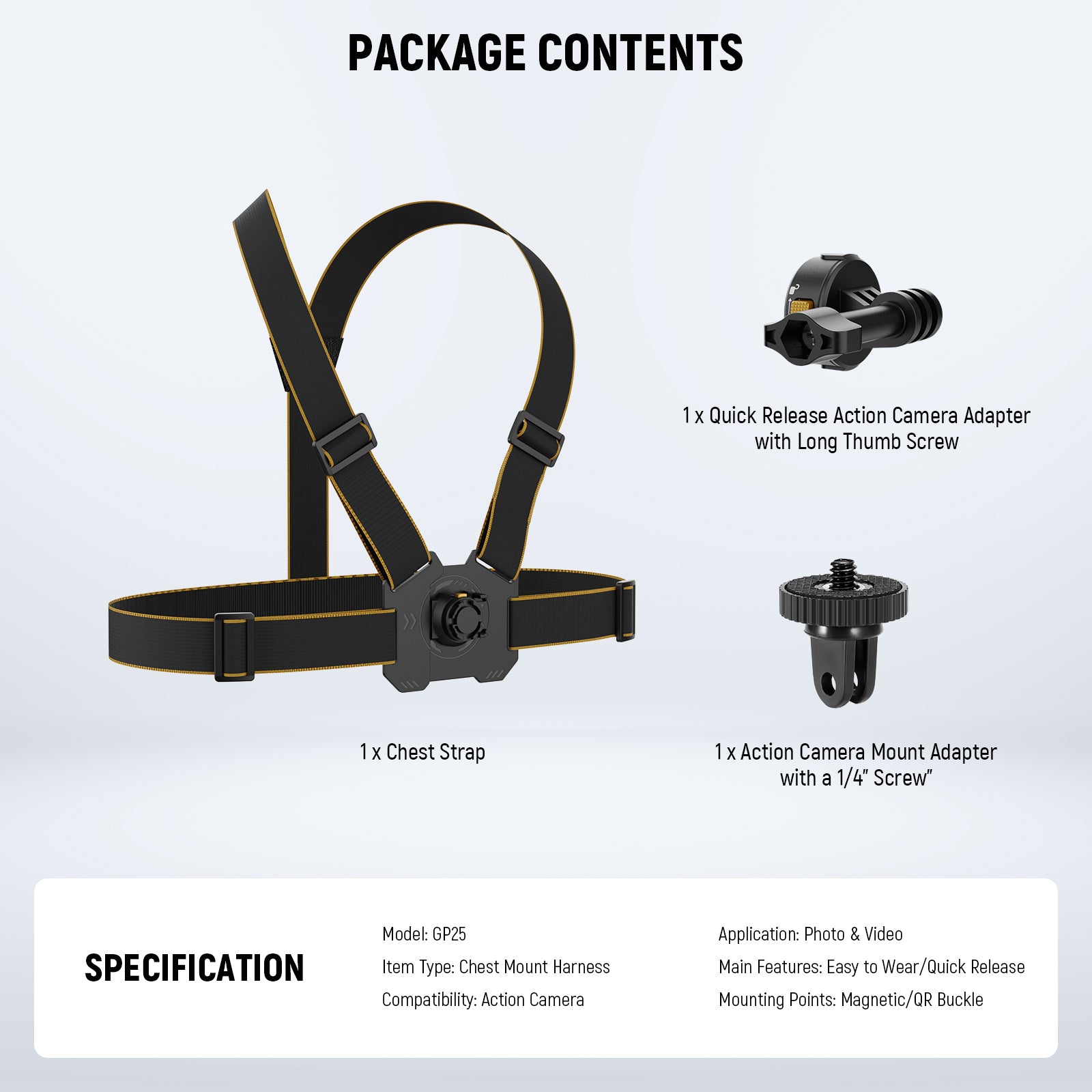 Package Contents of the NEEWER GP25 Action Camera Chest Mount Harness